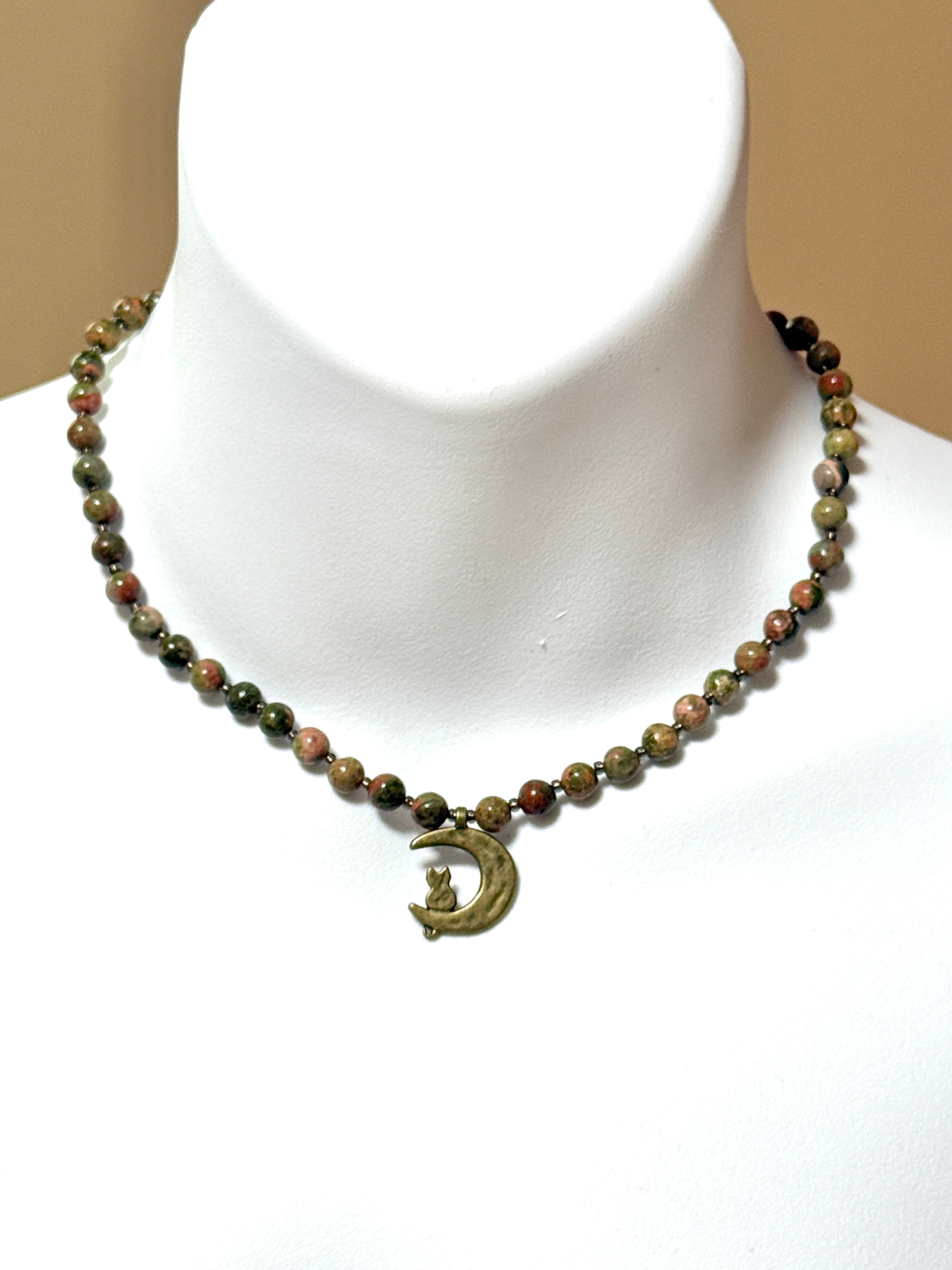 Green Unakite Short Necklace, Bronze Cat on the Moon Pendant - photo 2