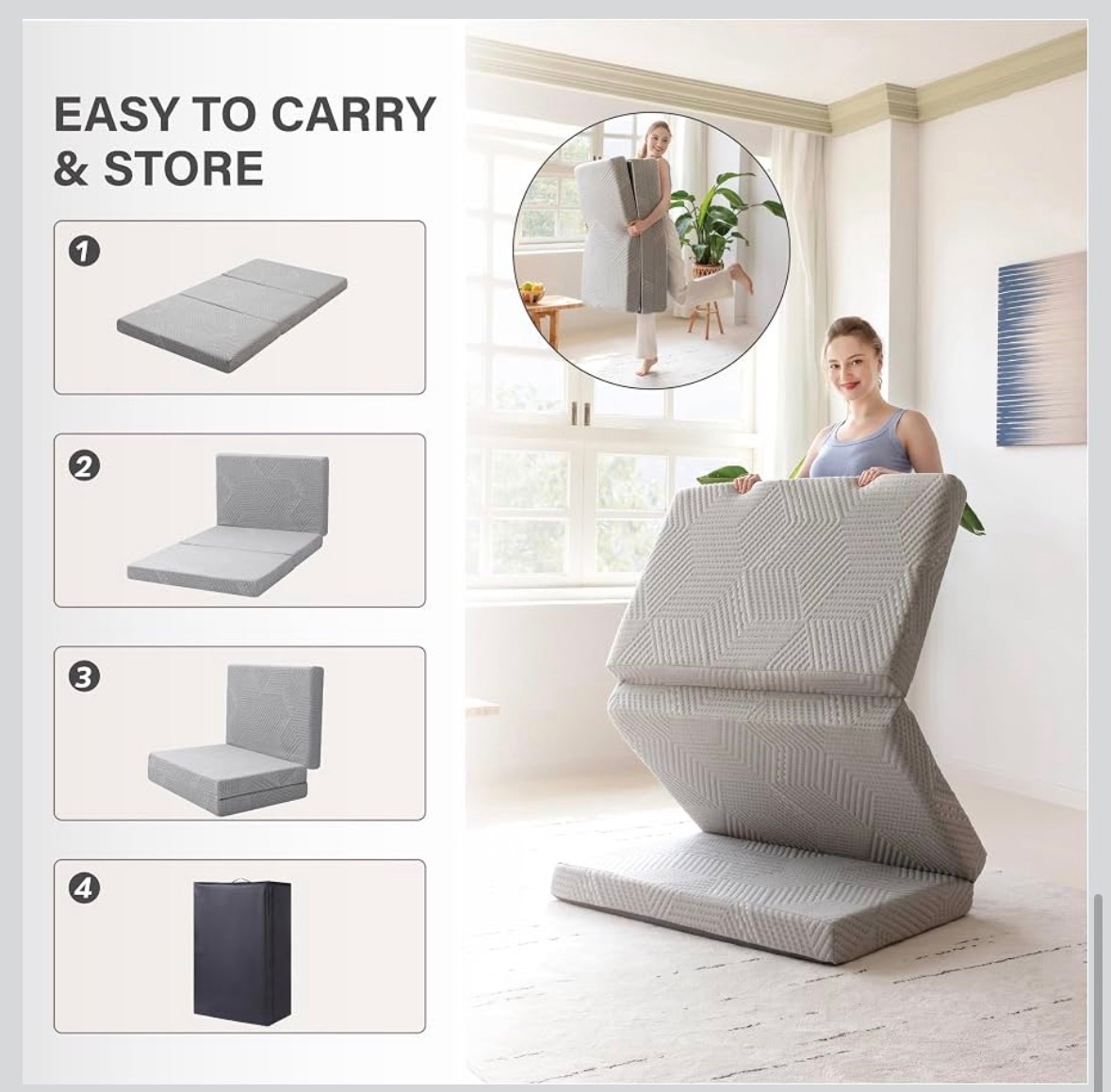 Foldable Single Gel Memory Foam Mattress, Washable Cover - photo 4