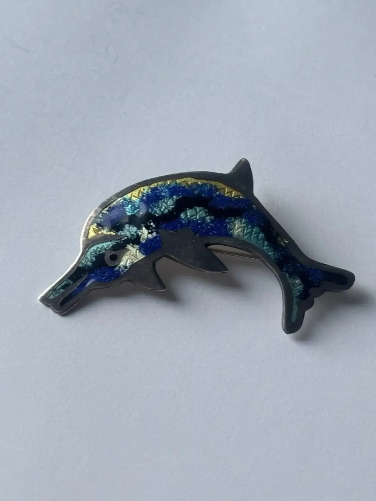 Dolphin Brooch — Silver-Tone, Enamel Mexico-Style
