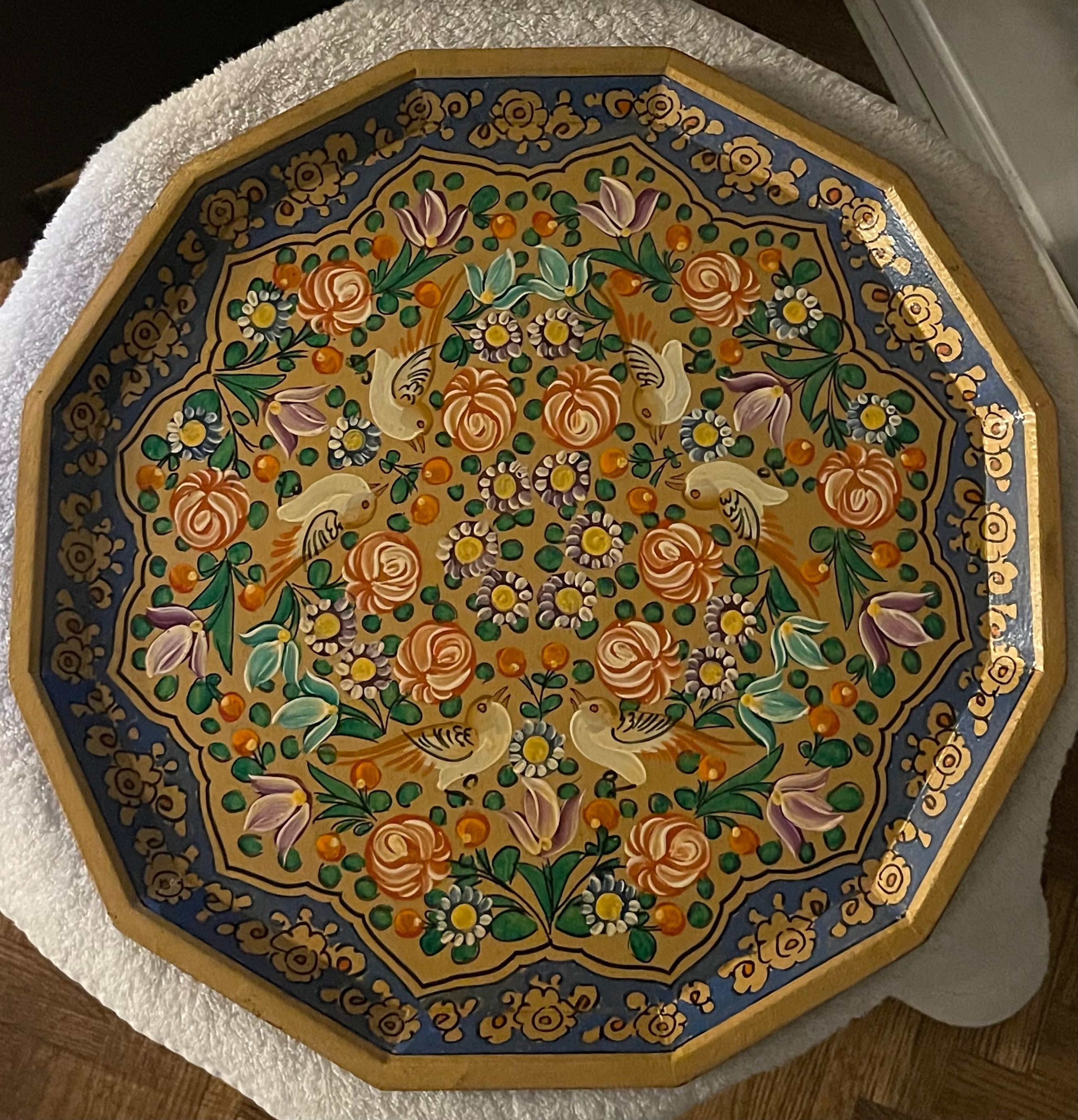 Vintage Kashmiri Hand Painted 10-Sided Wood Tray-Birds & Flowers