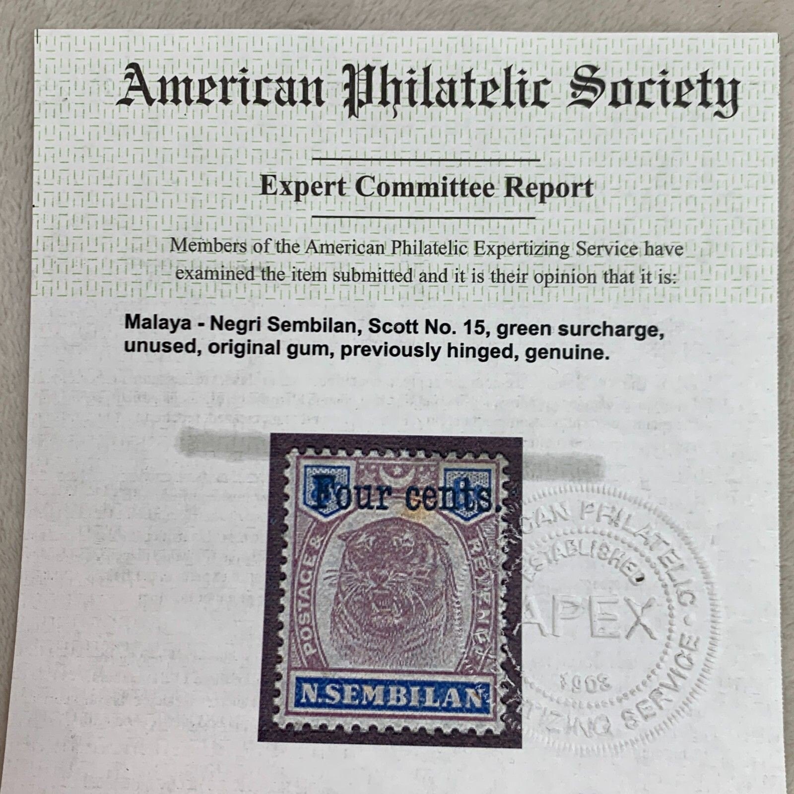 Malaya Negri Sembilan Scott #15 APS/APEX Certificate - photo 2