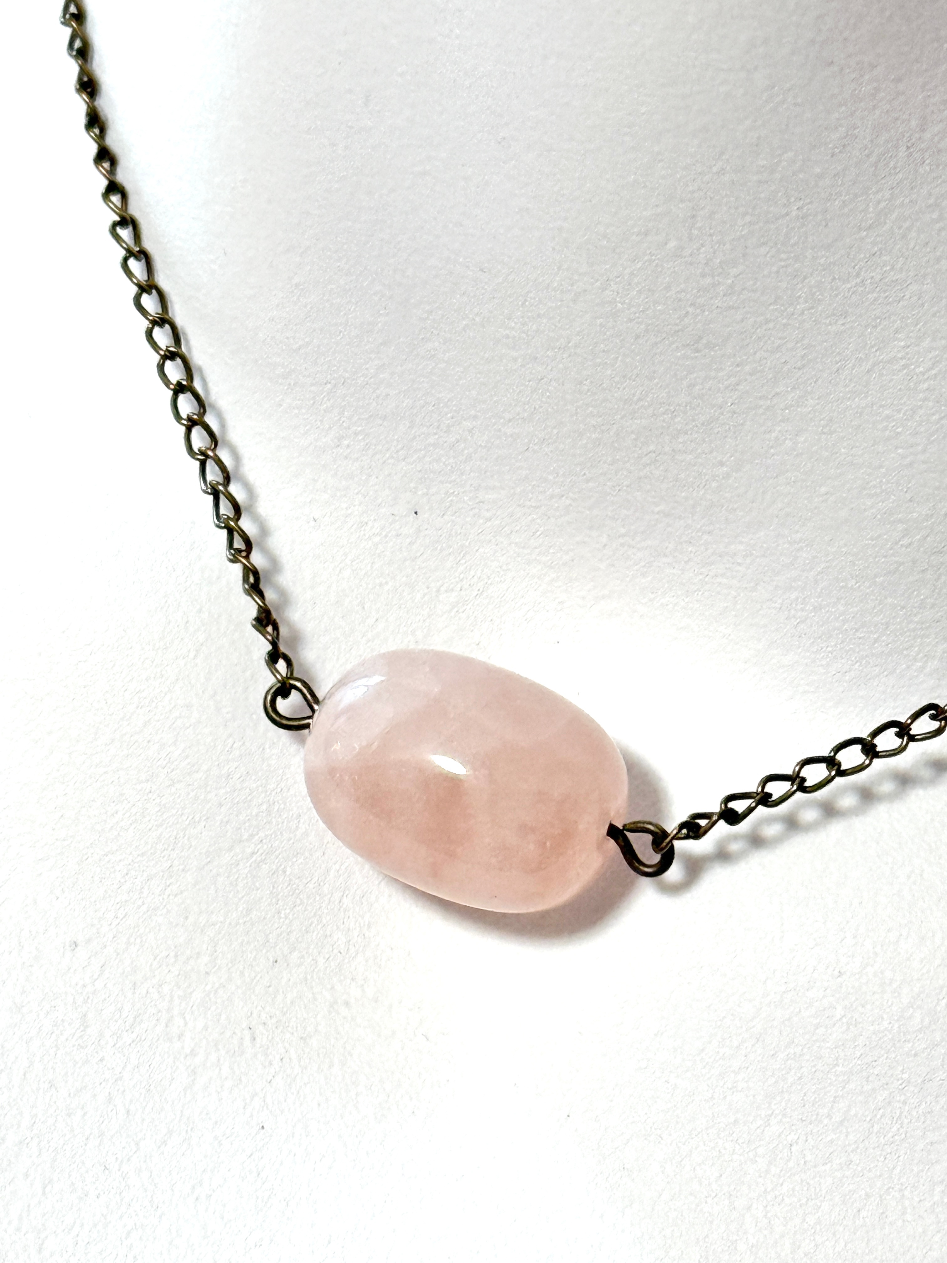 Natural Rose Quartz Short Necklace, Bronze Chain