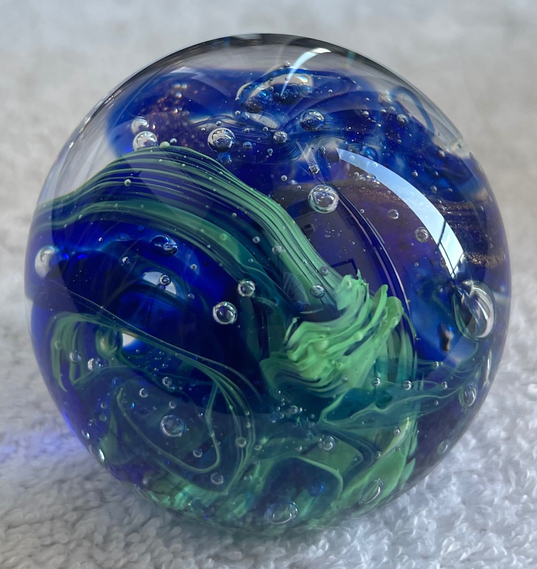 Dynasty Gallery Glass Paperweight - Blue & Green Swirl