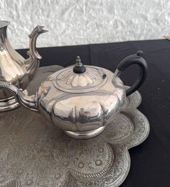Vintage Silver-Plated Tea & Coffee Pot Set, Engraved Brass Tray - photo 3