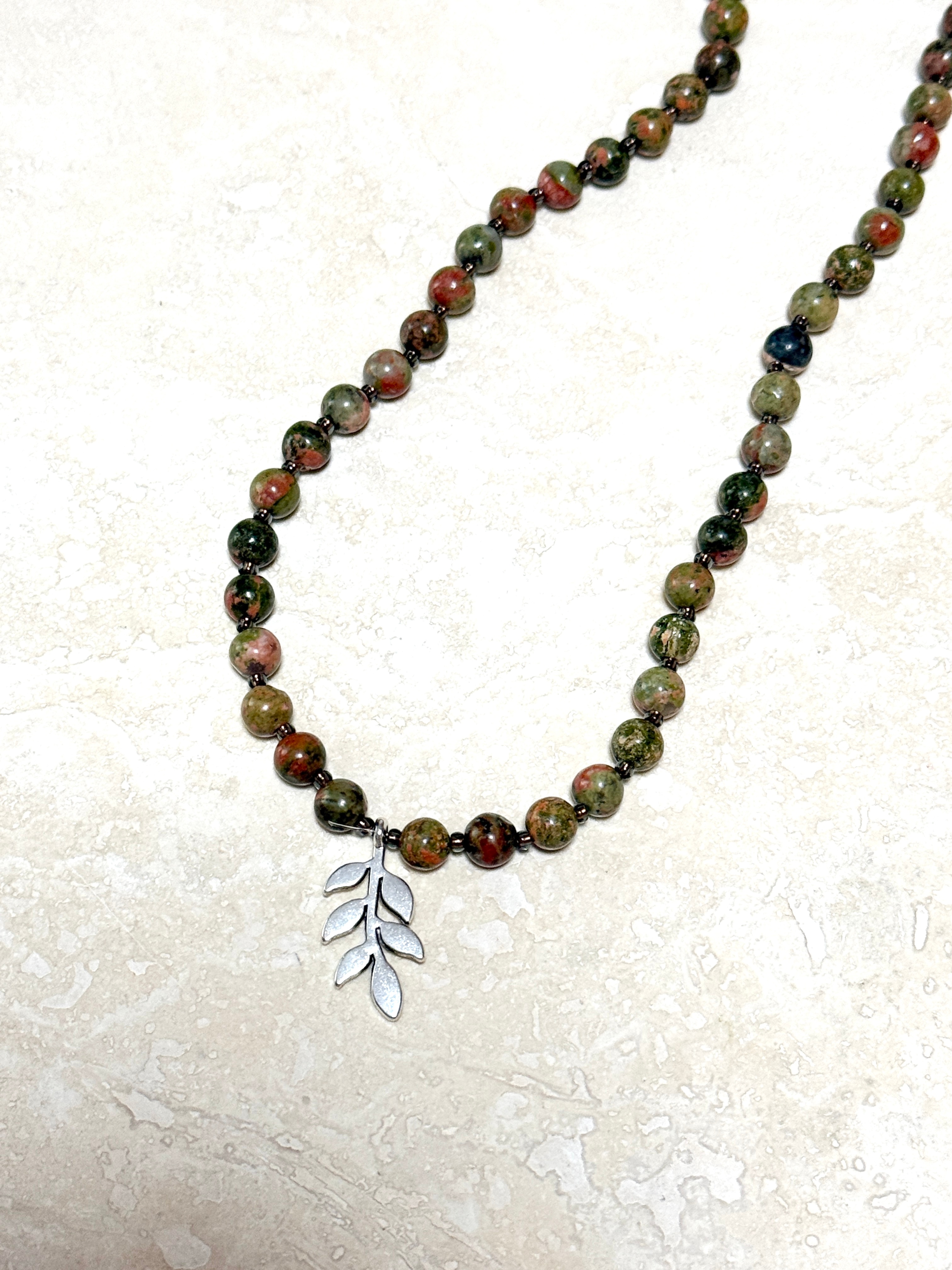 Green Unakite Short Necklace, Silver Leaf Branch Pendant - photo 5