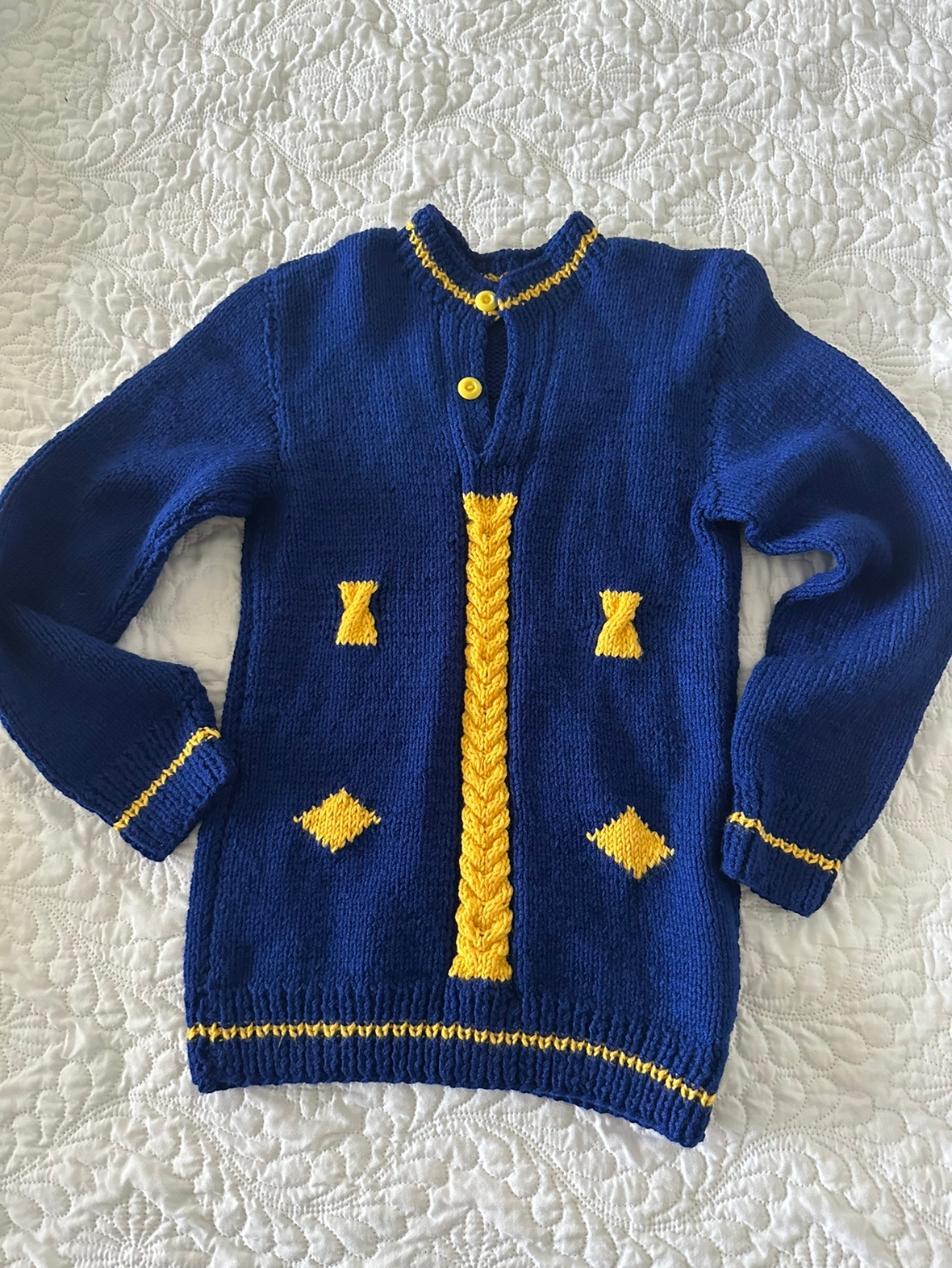 Blue and Yellow hand made Knit Sweater
