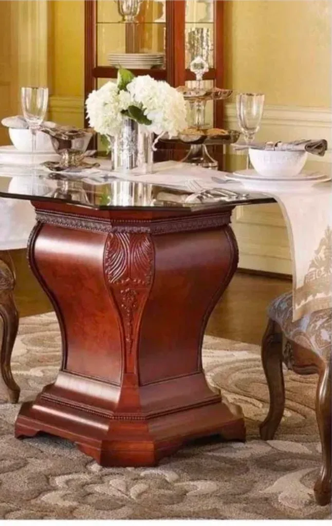 Glass Top Dining Table with Ornate Wooden Base - photo 5