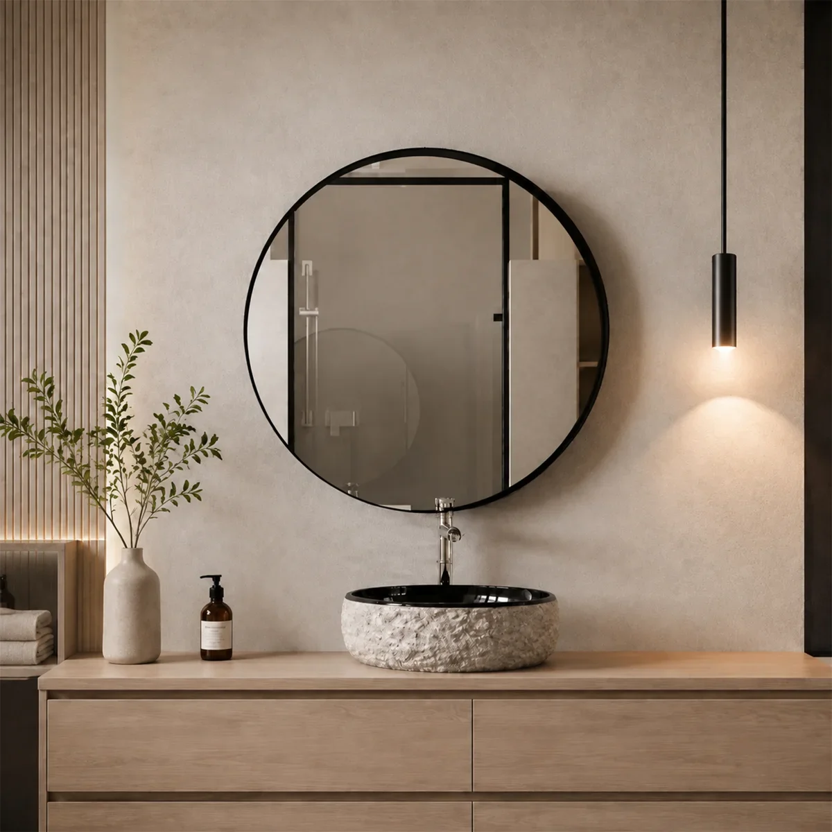 Large Round Black Slim Metal Frame Mirror, 80 cm / 31.5"