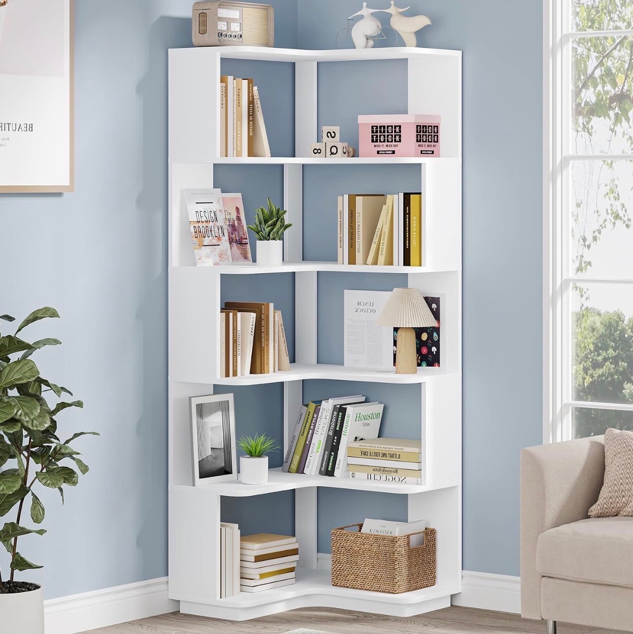 65" White 5-Tier Corner Bookshelf – Brand New
