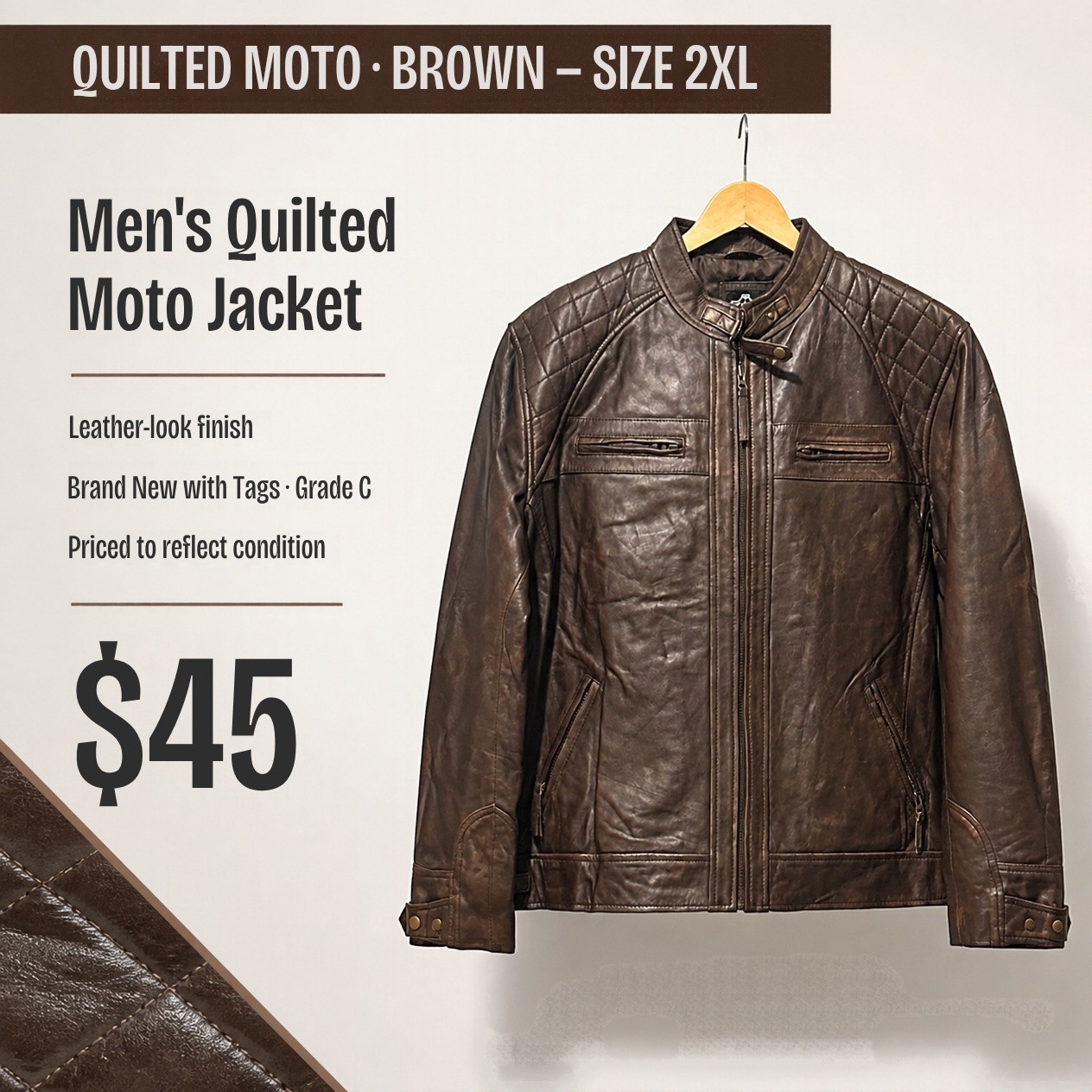 JKT-041 — Men's brown quilted leather moto — brand new, size 2XL