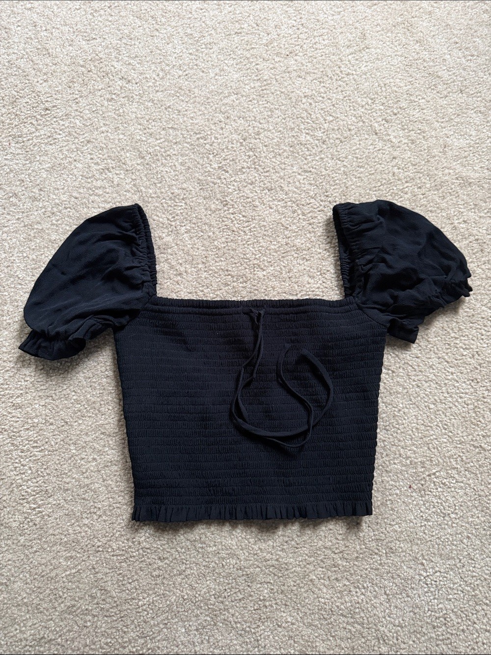 Wilfred Black Smocked Puff-Sleeve Crop Top - photo 3