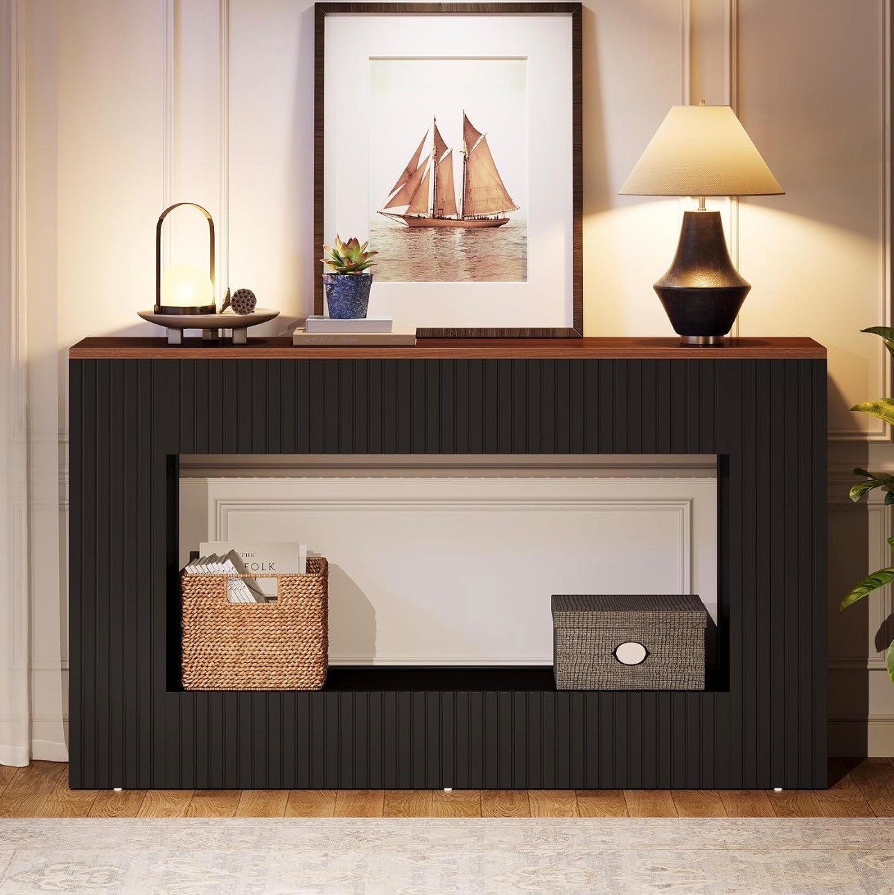 Modern Console Table – Black Fluted, Walnut Top – New - photo 2