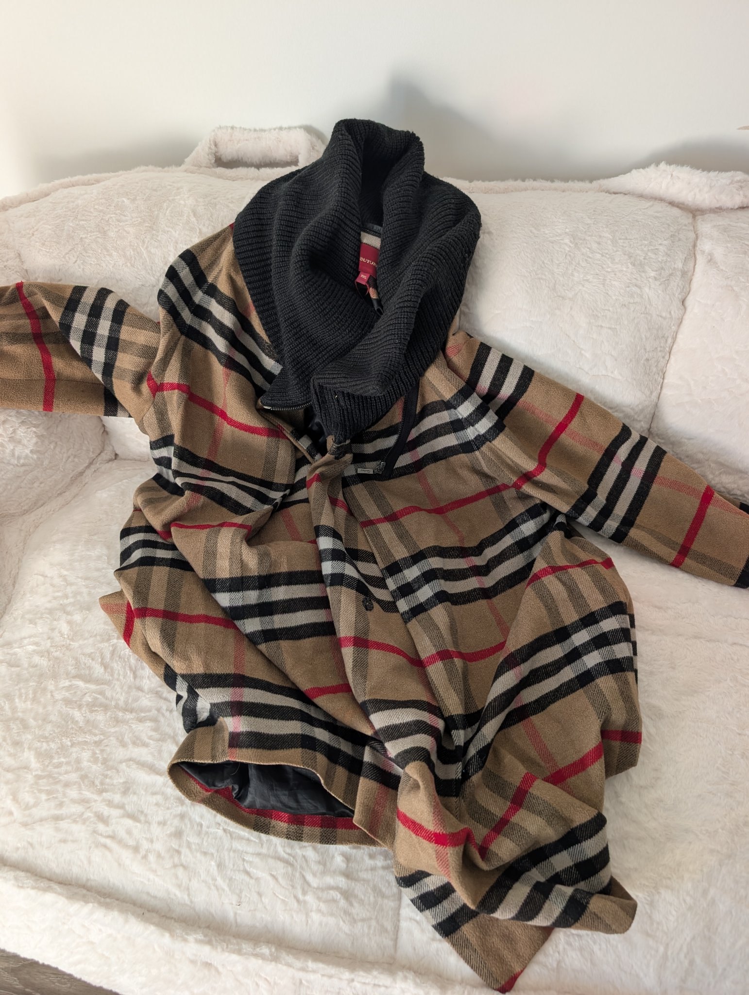 Plaid Check Coat with Black Knit Collar