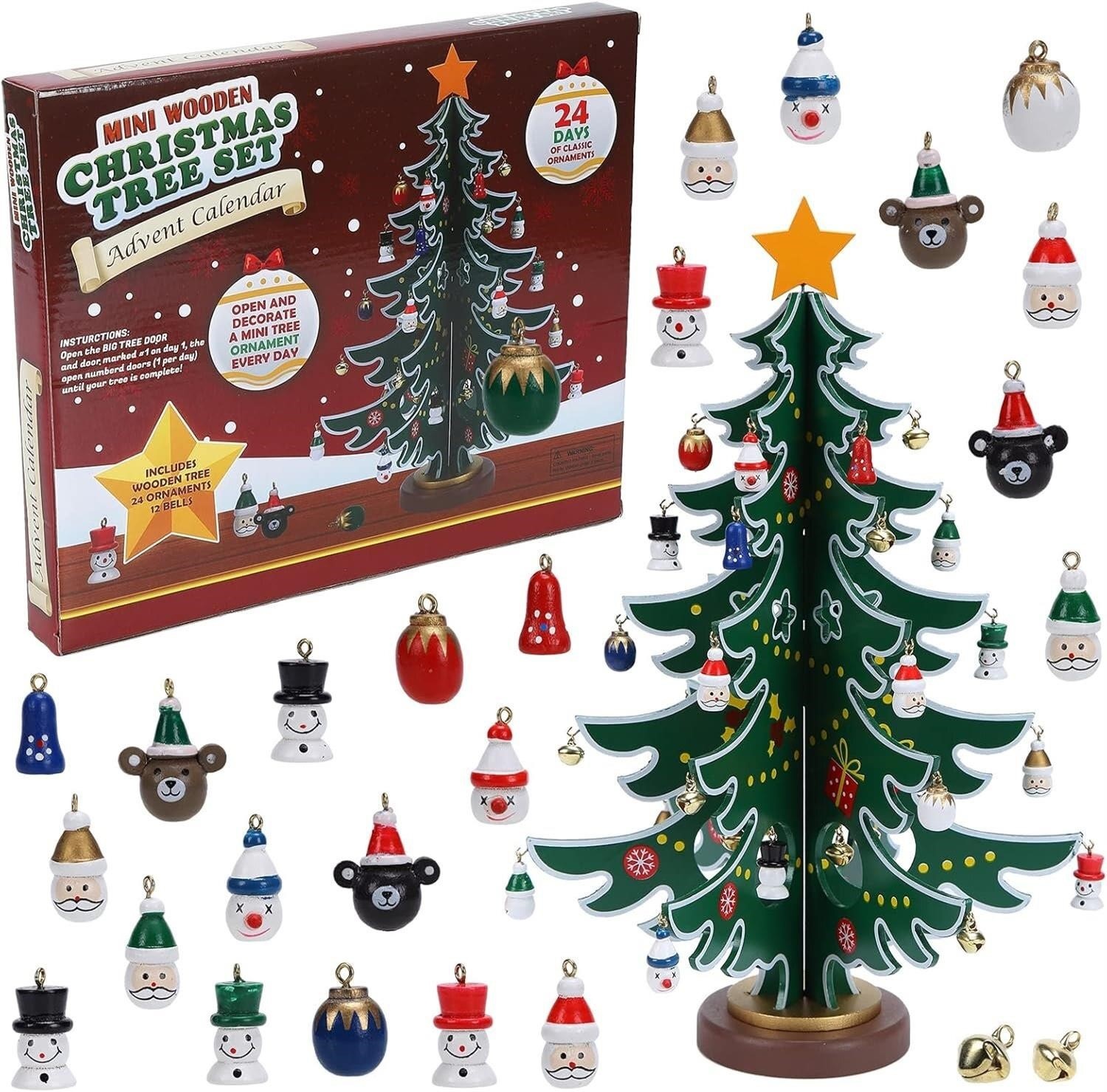 Advent Calendar: mini tabletop wooden Christmas tree set