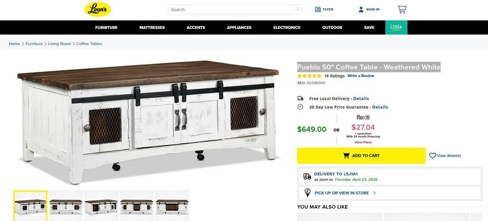 Pueblo 50" Coffee Table - Weathered White