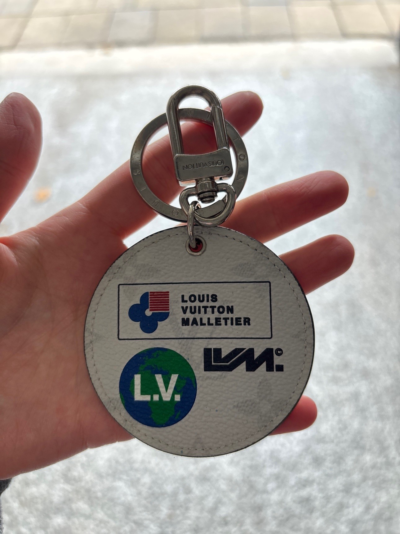 Louis Vuitton Round Keychain / Bag Charm - White Logo