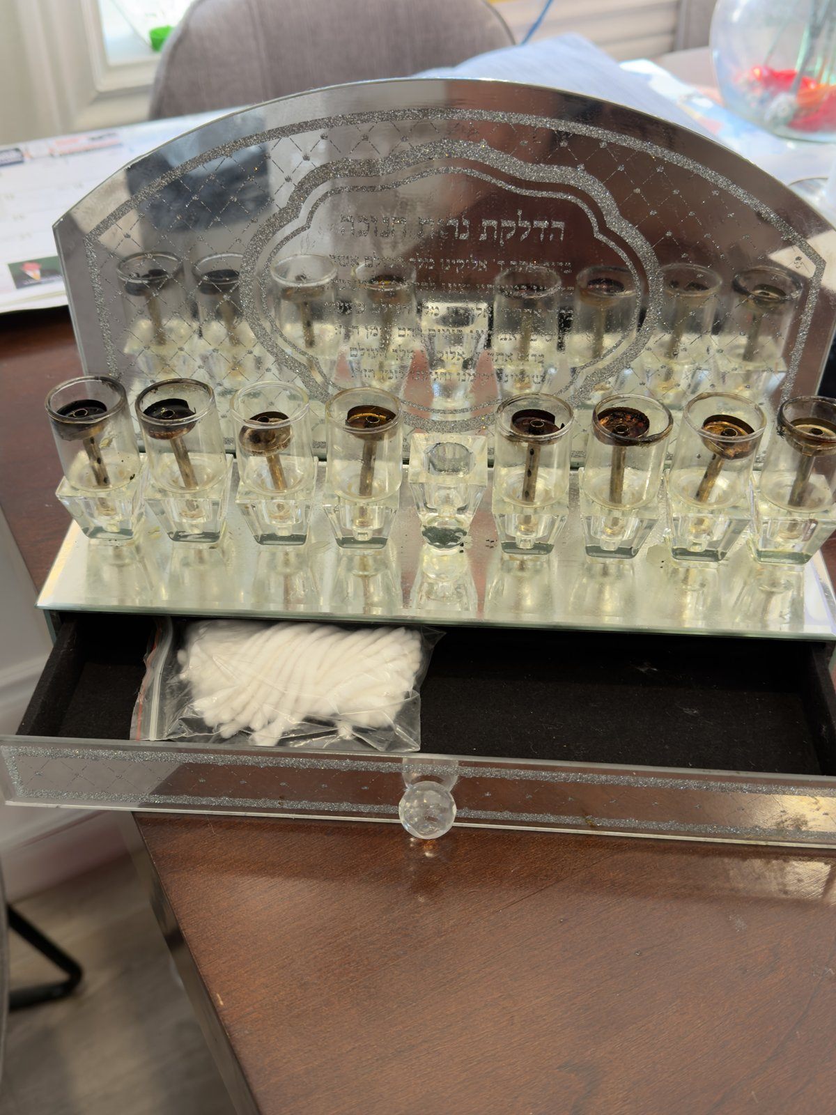 Hanukkah Oil Menorah – Mirror Glass with Drawer, Glass Oil Cups