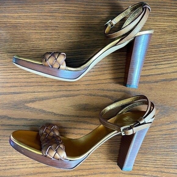 GUCCI Leather Braided Platform Heeled Sandals Gold Size 8.5 - photo 2