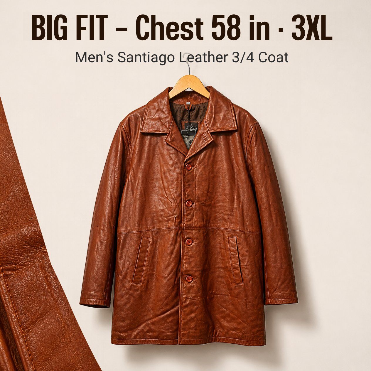 JKT-051 — Men's Santiago leather 3/4 coat — brand new, size 3XL