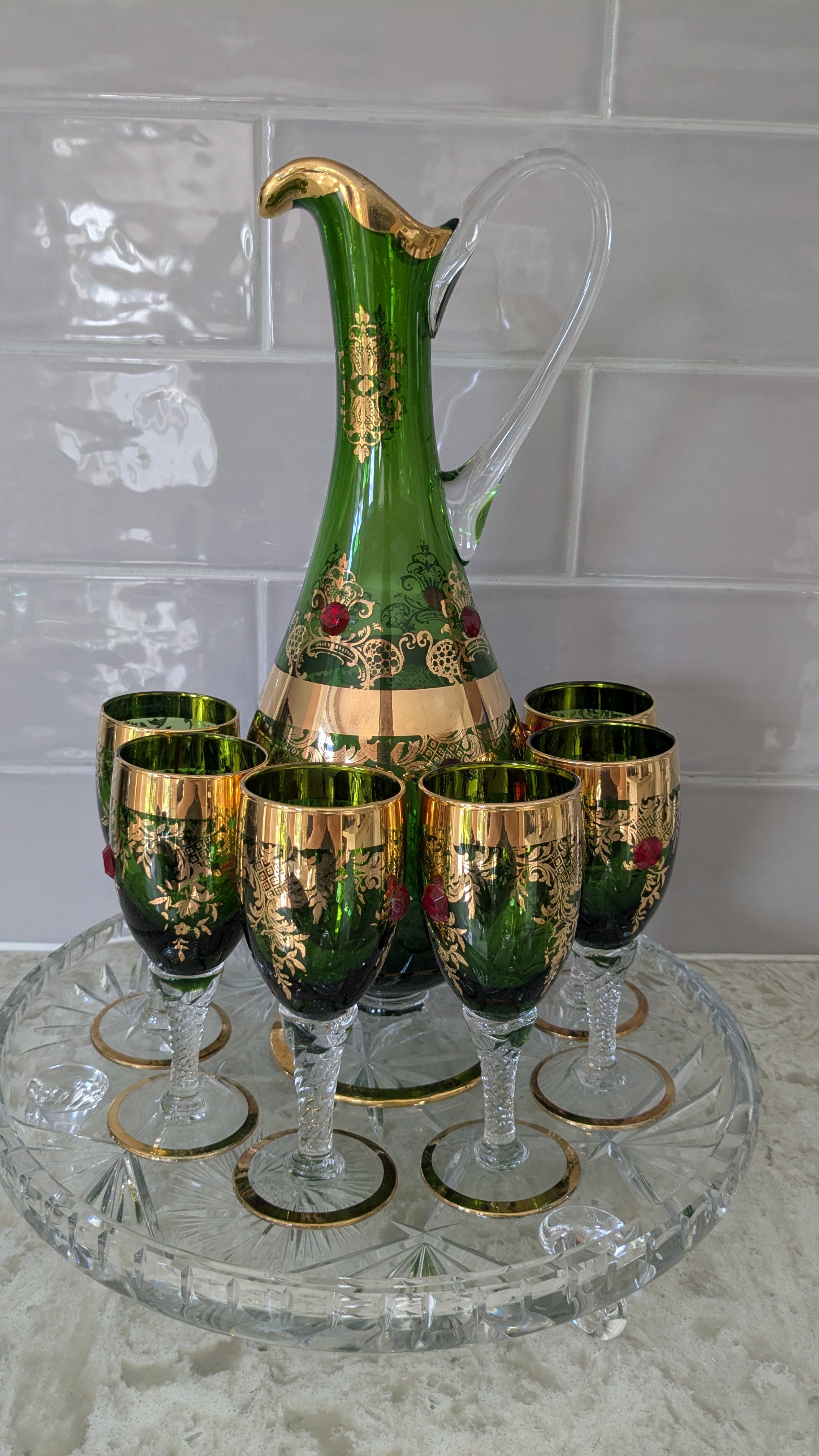 Vintage Green & Gold Glass Pitcher Set with 6 Goblets – $120 OBO