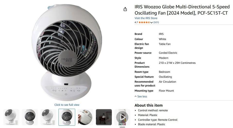 Fan, IRIS Woozoo Globe Multi-Directional 5-Speed Oscillating Fan