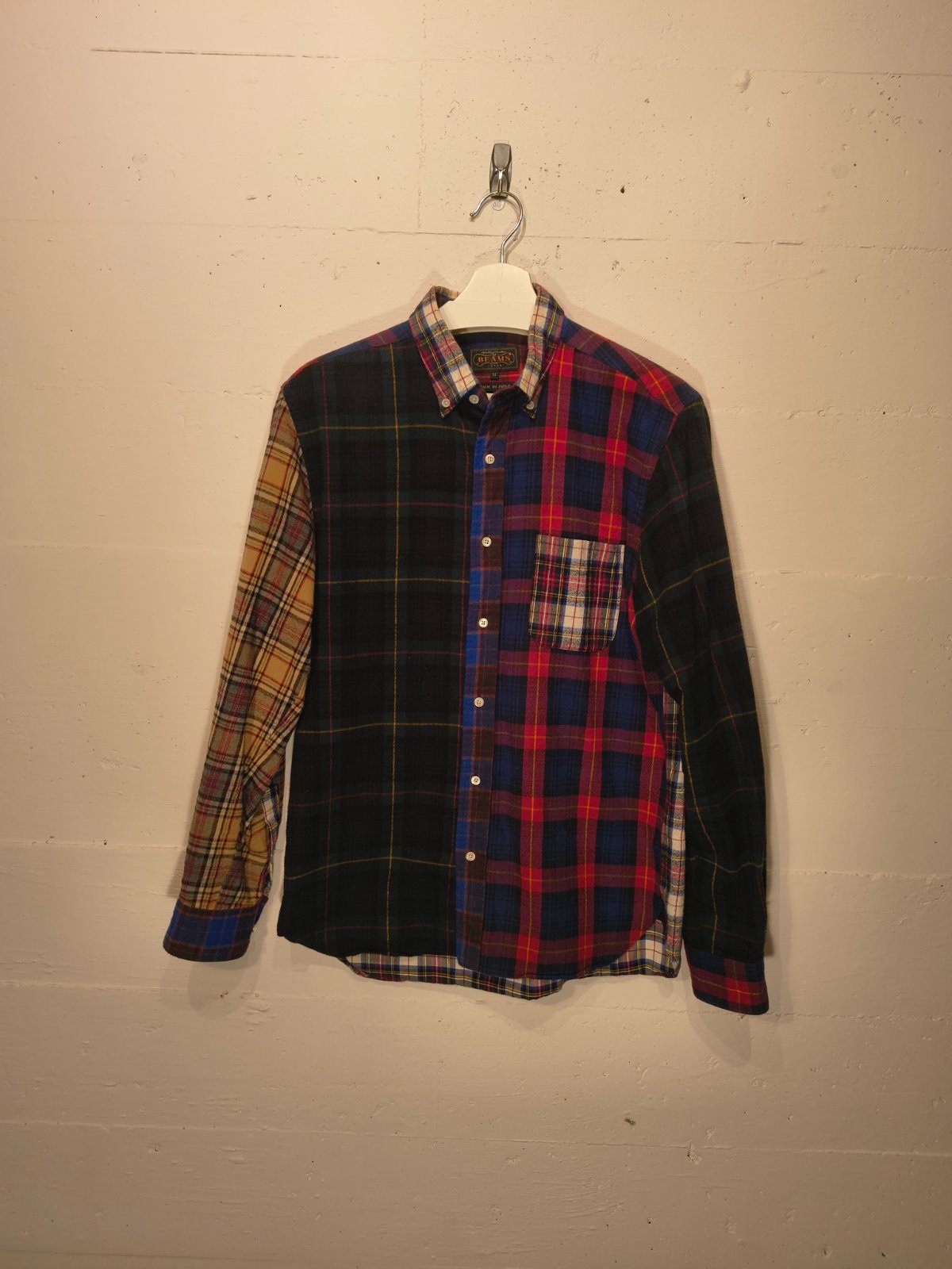 BEAMS PLUS Patchwork Plaid Flannel Shirt Size M Made in Japan
