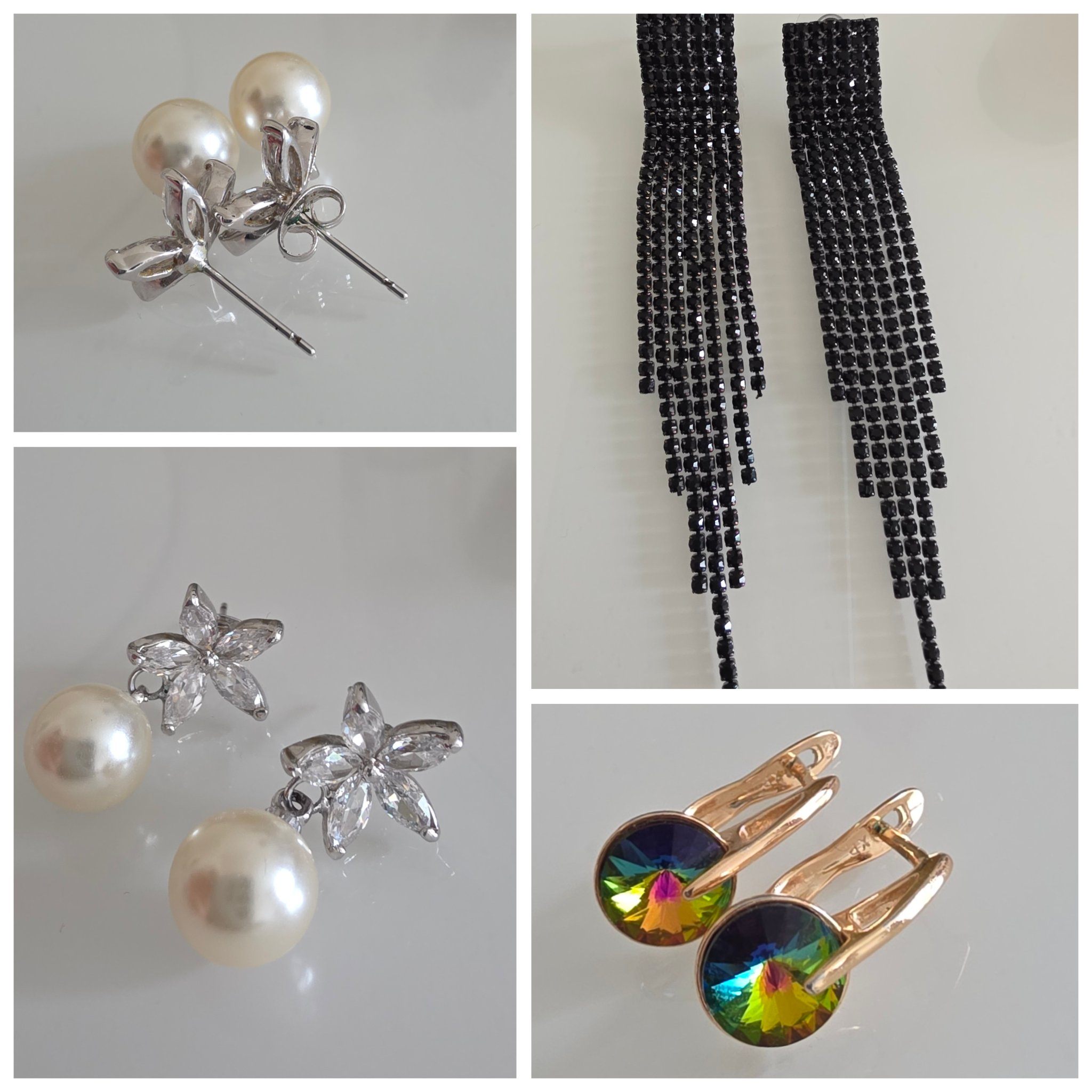 Assorted Earrings: Pearl Studs, Black Dangles & Crystal Drops