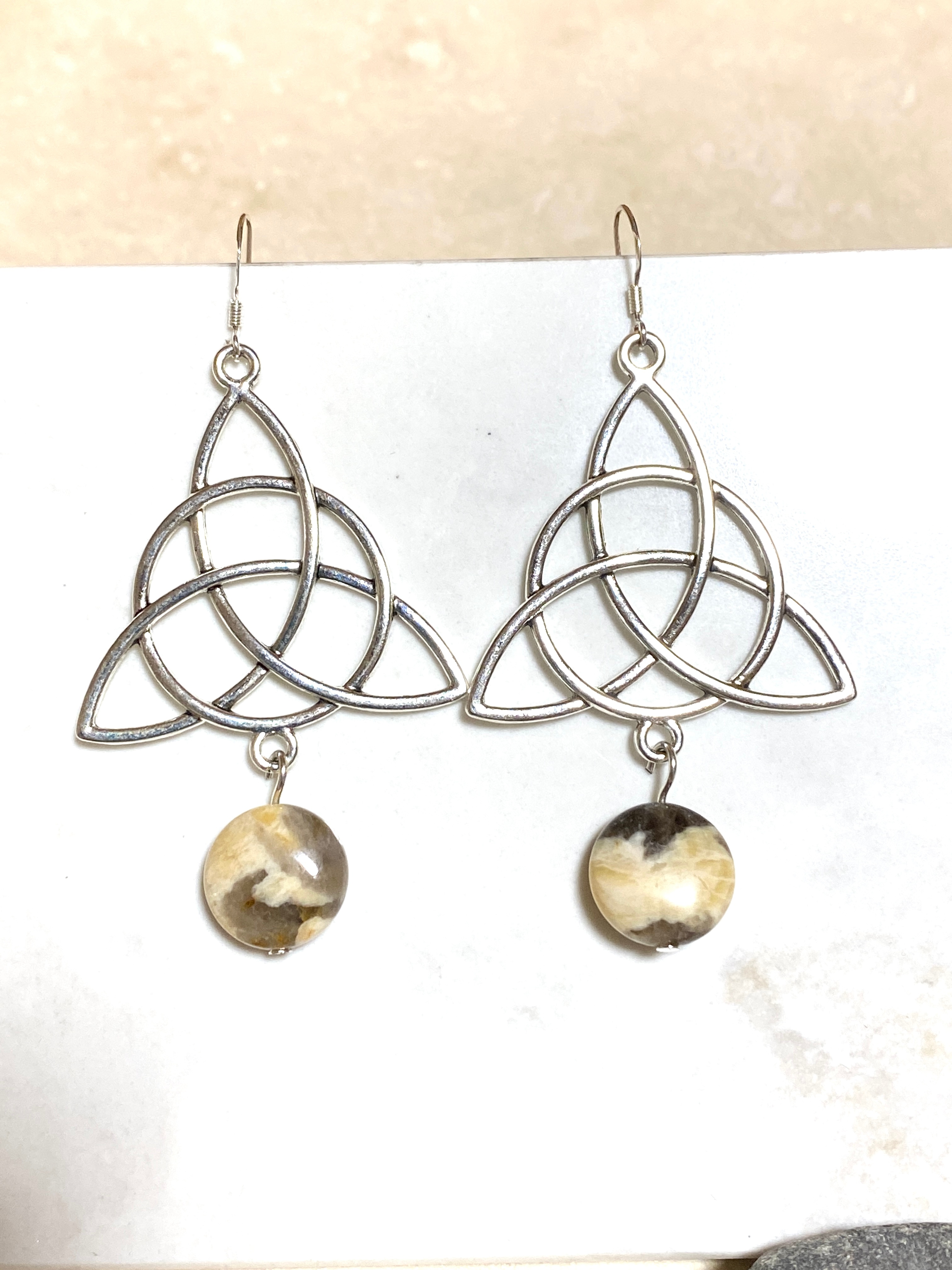 Septarian Stone Celtic Trinity Earrings, Sterling Silver Hook - photo 2