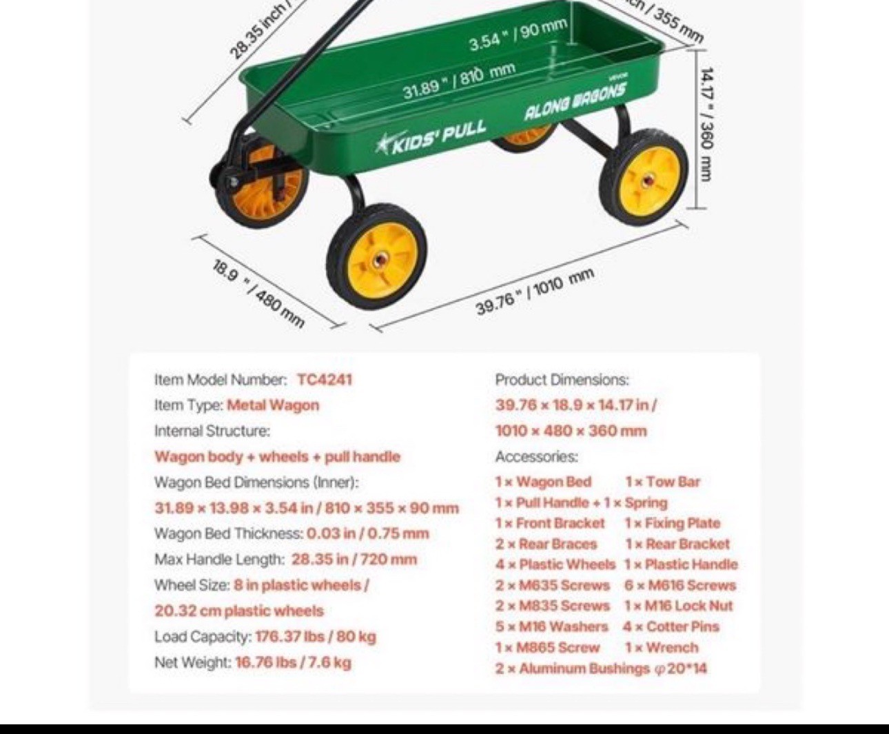 VEVOR 39" Kids Pull-Along Metal Wagon - 176 lb Capacity, Green - photo 3