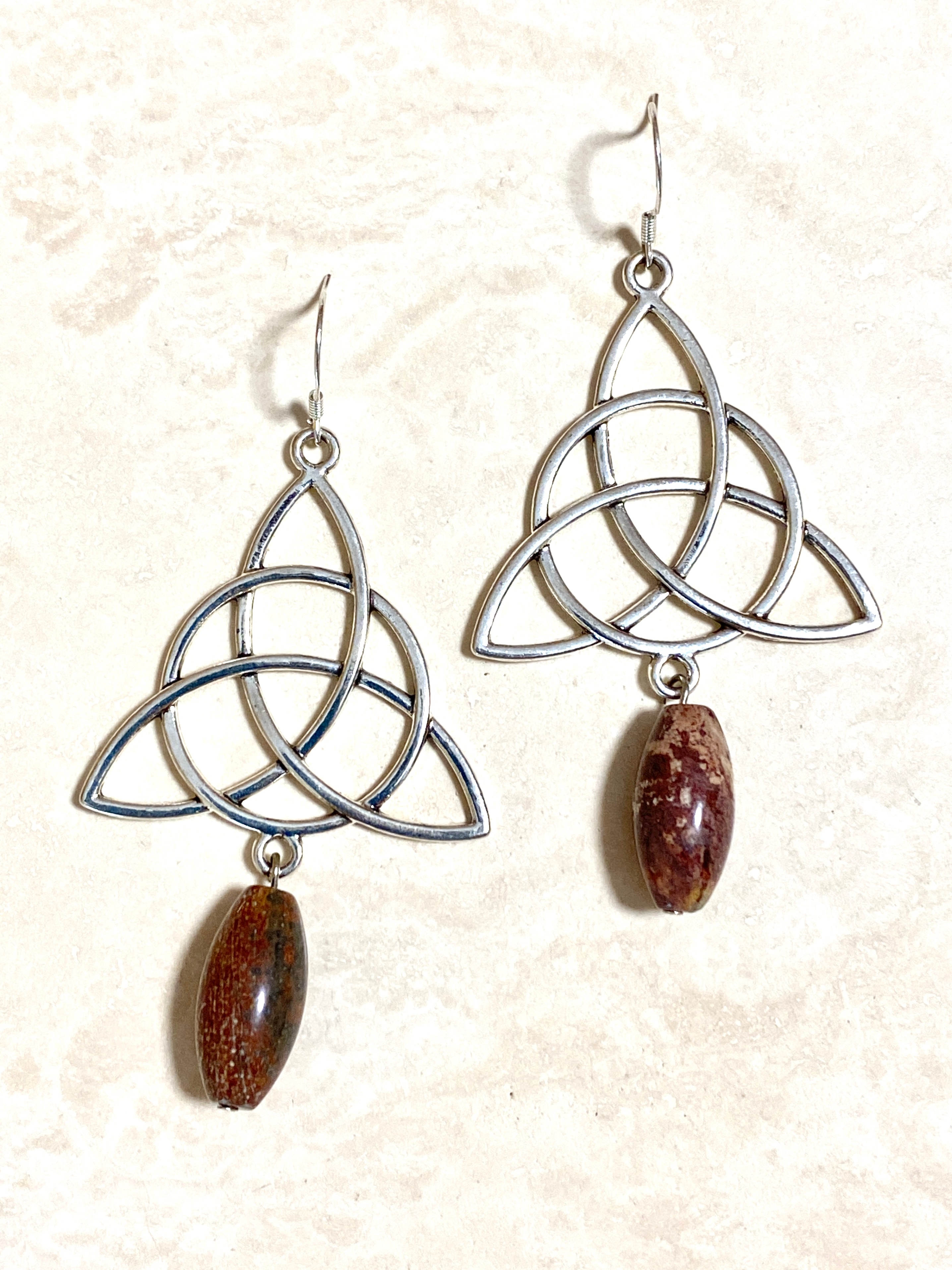 Earthy Convoluted Jasper Celtic Trinity Earrings, 925 Hooks