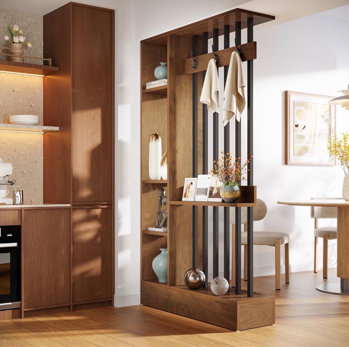 Room Divider with Coat Hooks & Shelves – Walnut - photo 2
