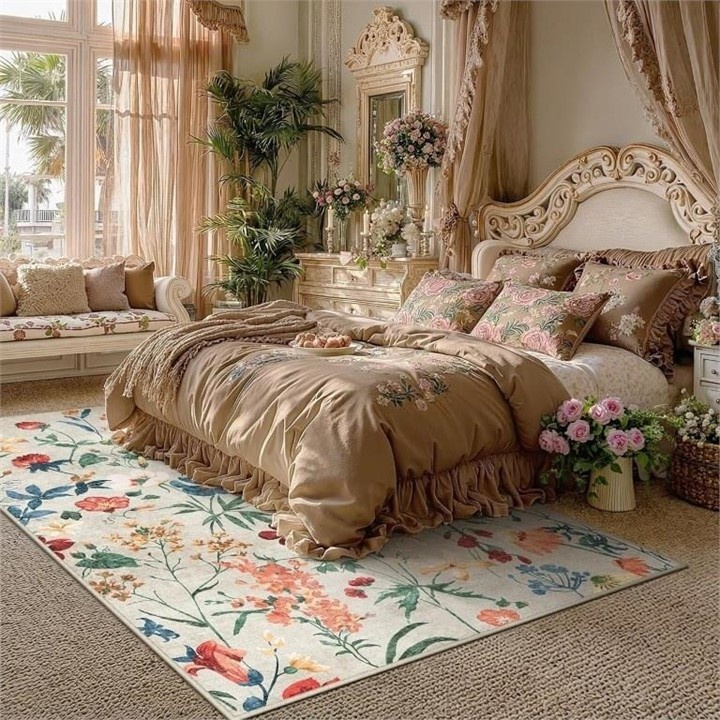 New - 5x7 Washable Area Rug / Carpet - Beige Floral - photo 2