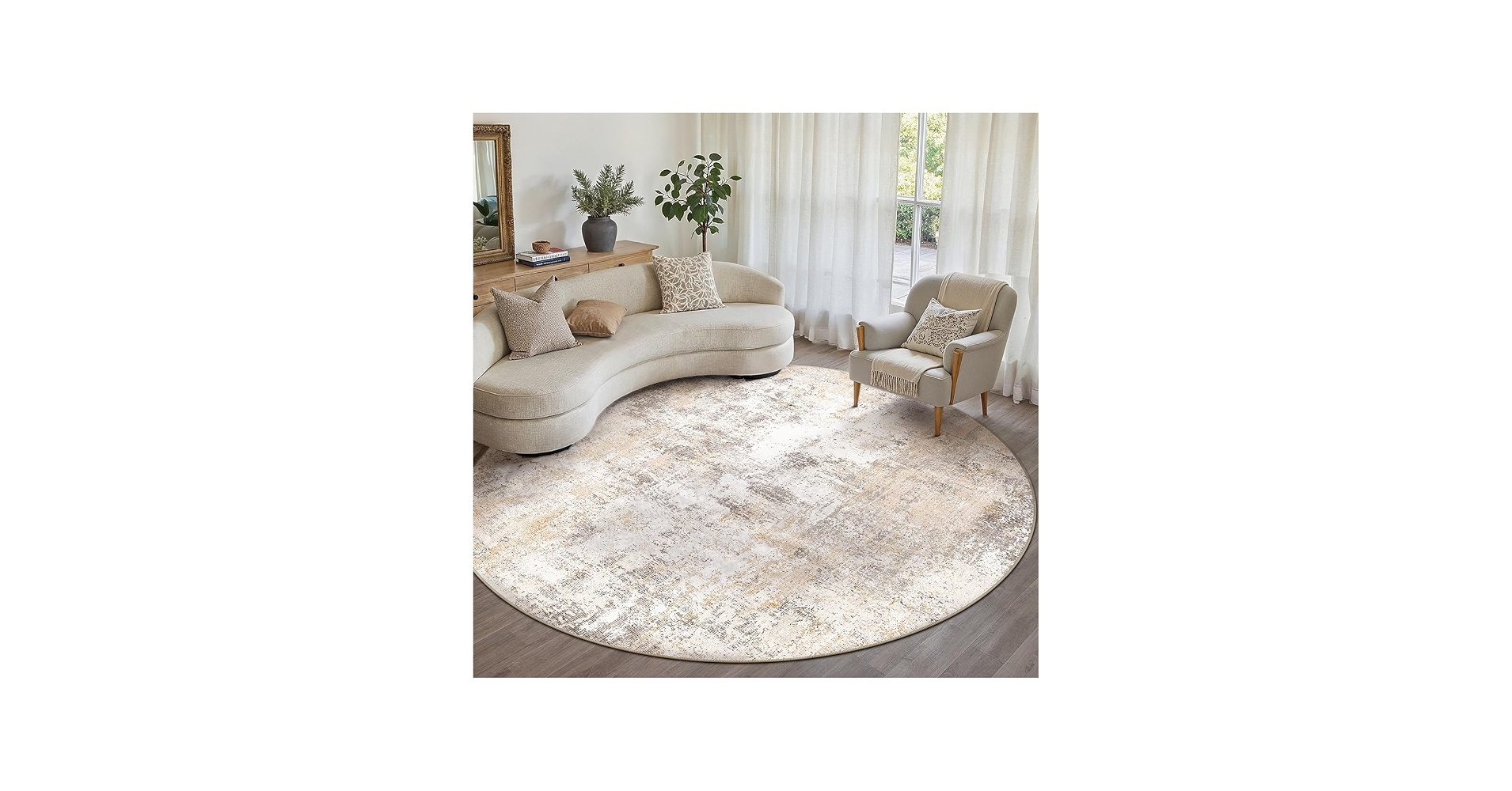 8ft Round Rug Washable Beige Grey Circle