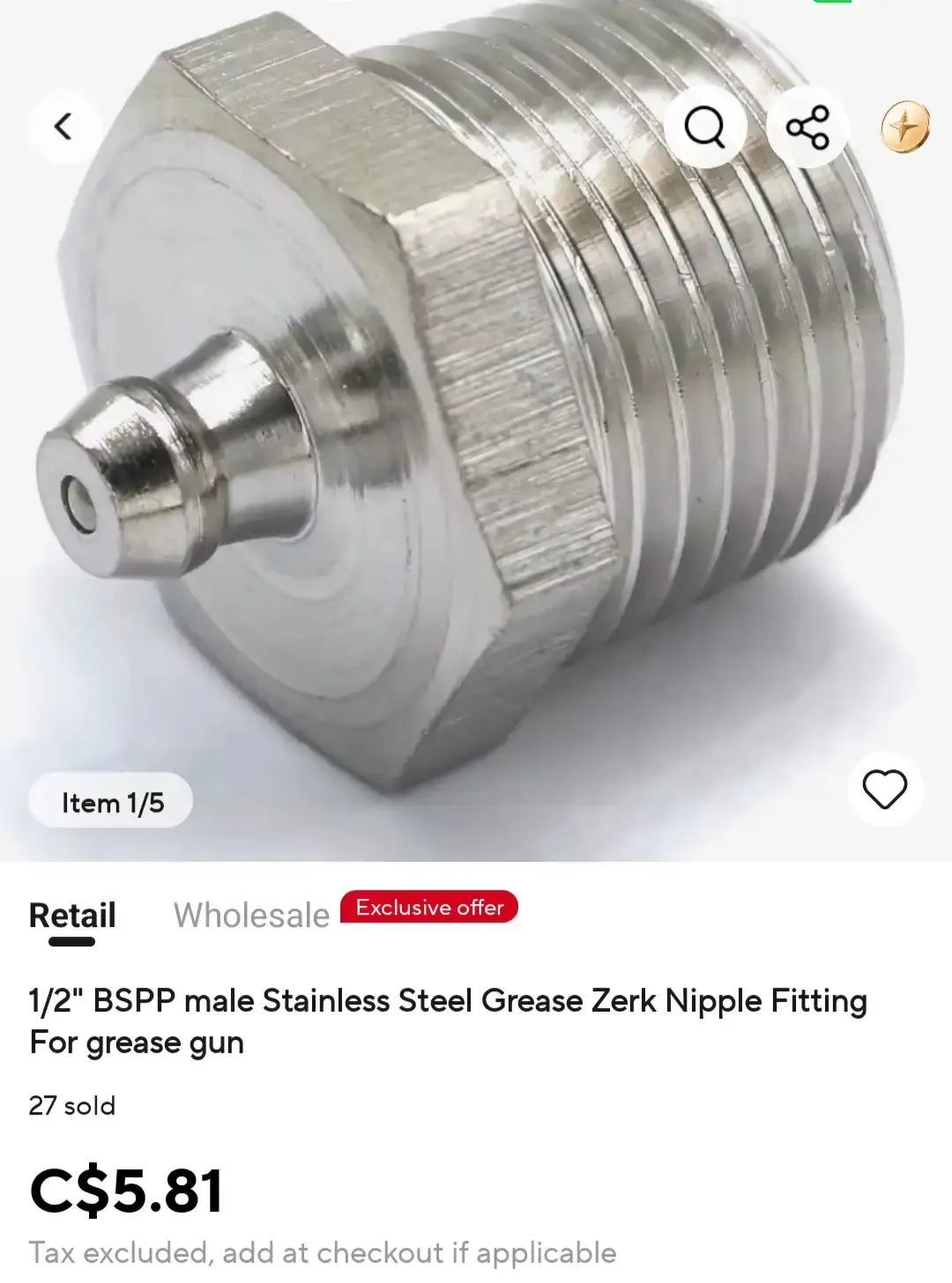 1/2" BSPP Stainless Steel Grease Zerk Nipple Fittings