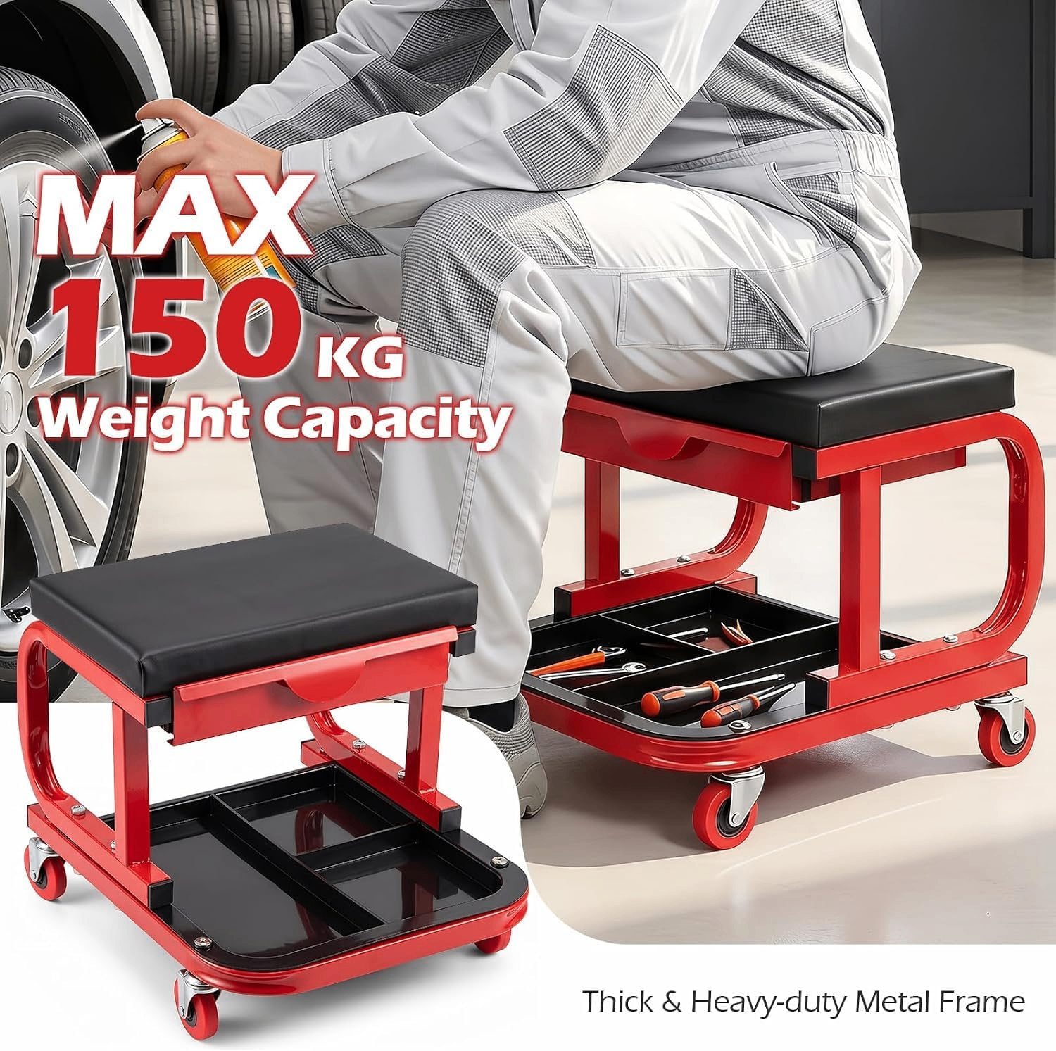 Goplus Rolling Mechanic Stool with Drawer Tool Tray 150KG - photo 2