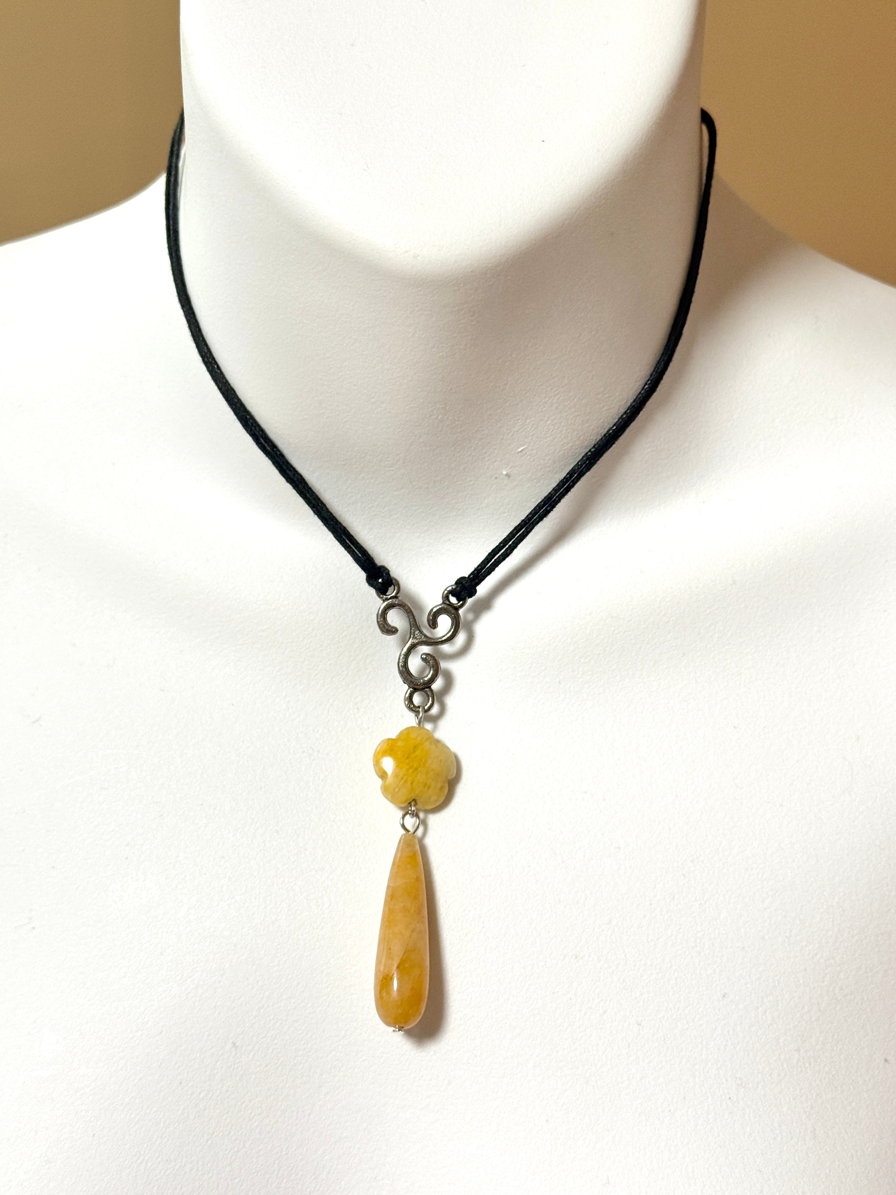 Yellow Orange Aventurine Flower Necklace, Black Cord Necklace - photo 2