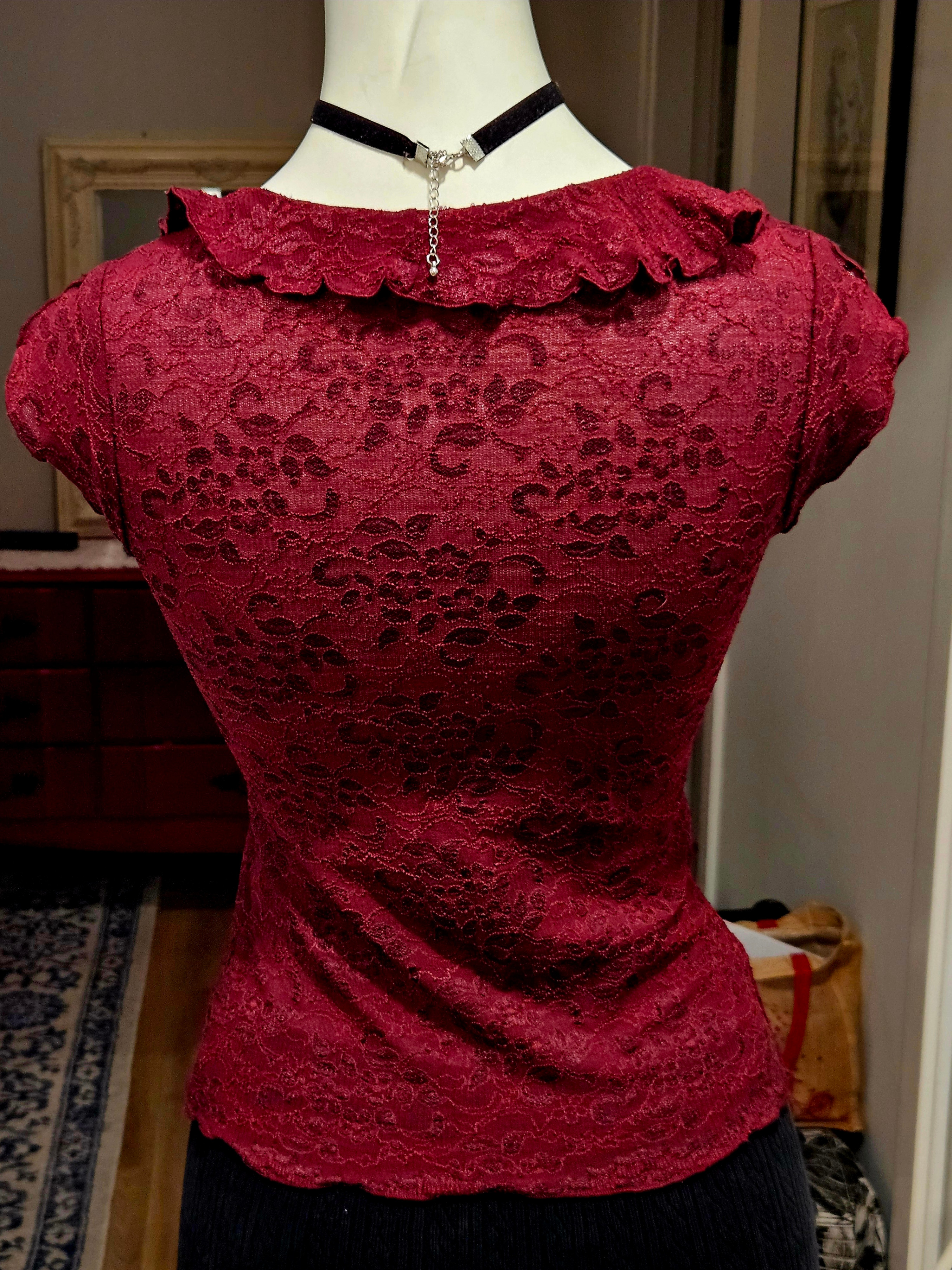 Burgandy lace mesh blouse with ruffle centre - photo 2