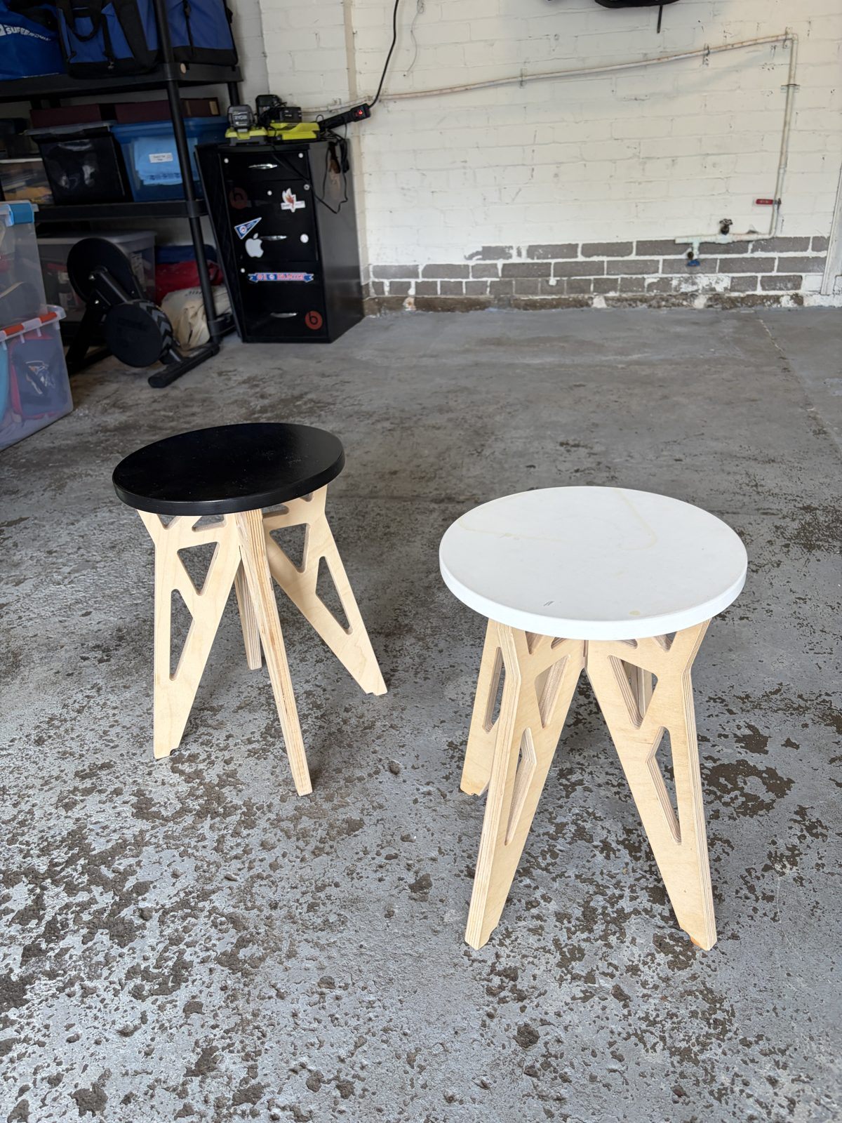 Matching Pair of Handmade Plywood Stools, Black and White