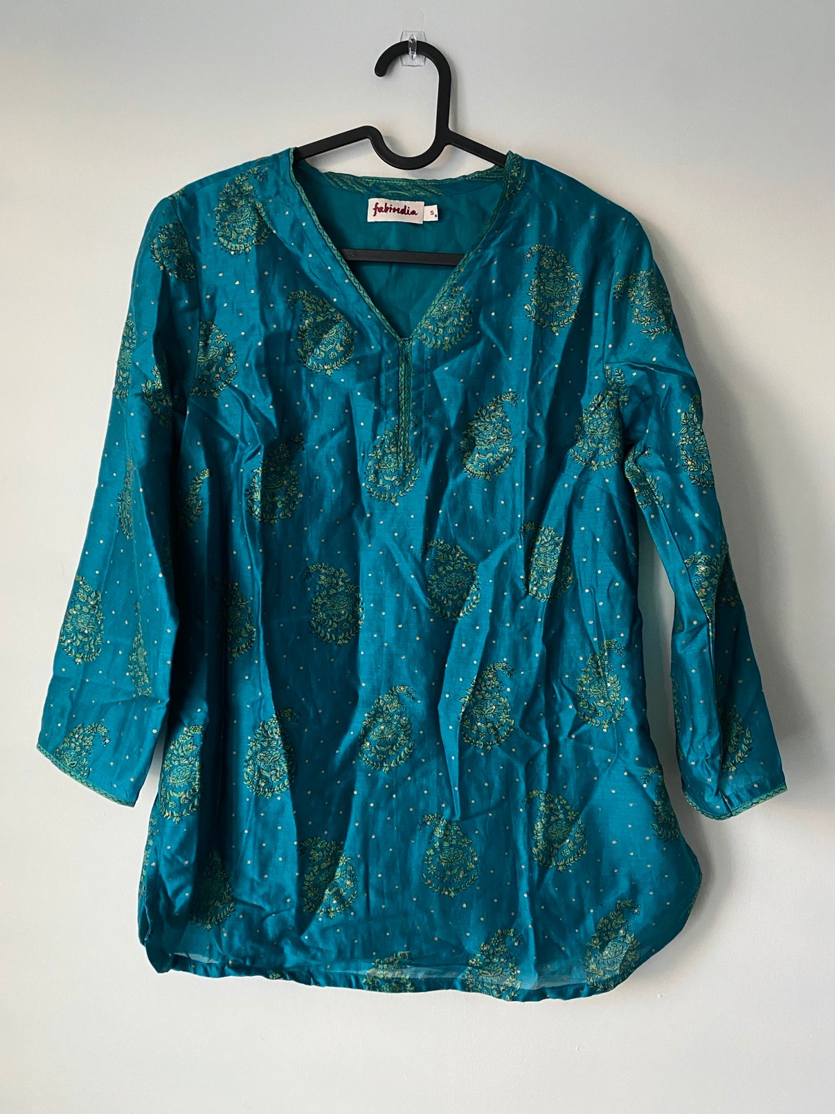 FabIndia Teal Printed Kurta, Size S