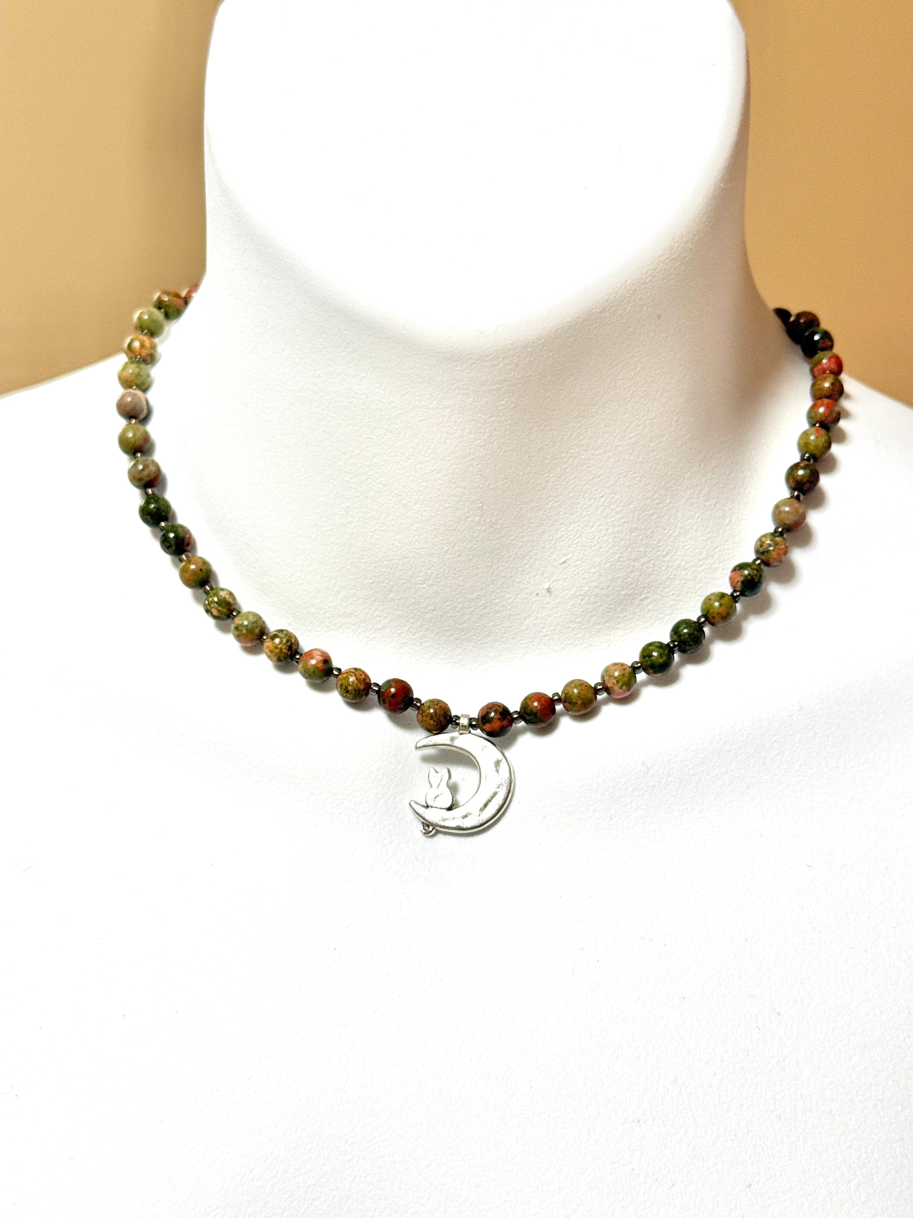 Green Unakite Short Necklace, Silver Cat on the Moon Pendant - photo 2