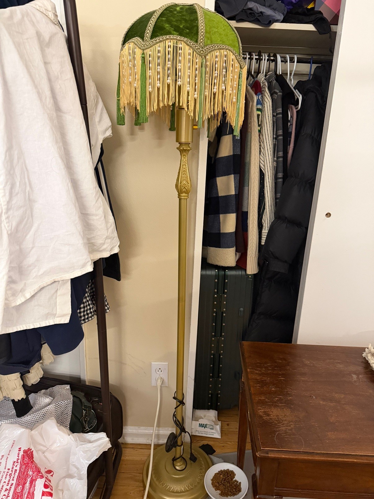 Vintage Floor Lamp — Green Velvet Fringe Shade, Brass Stand