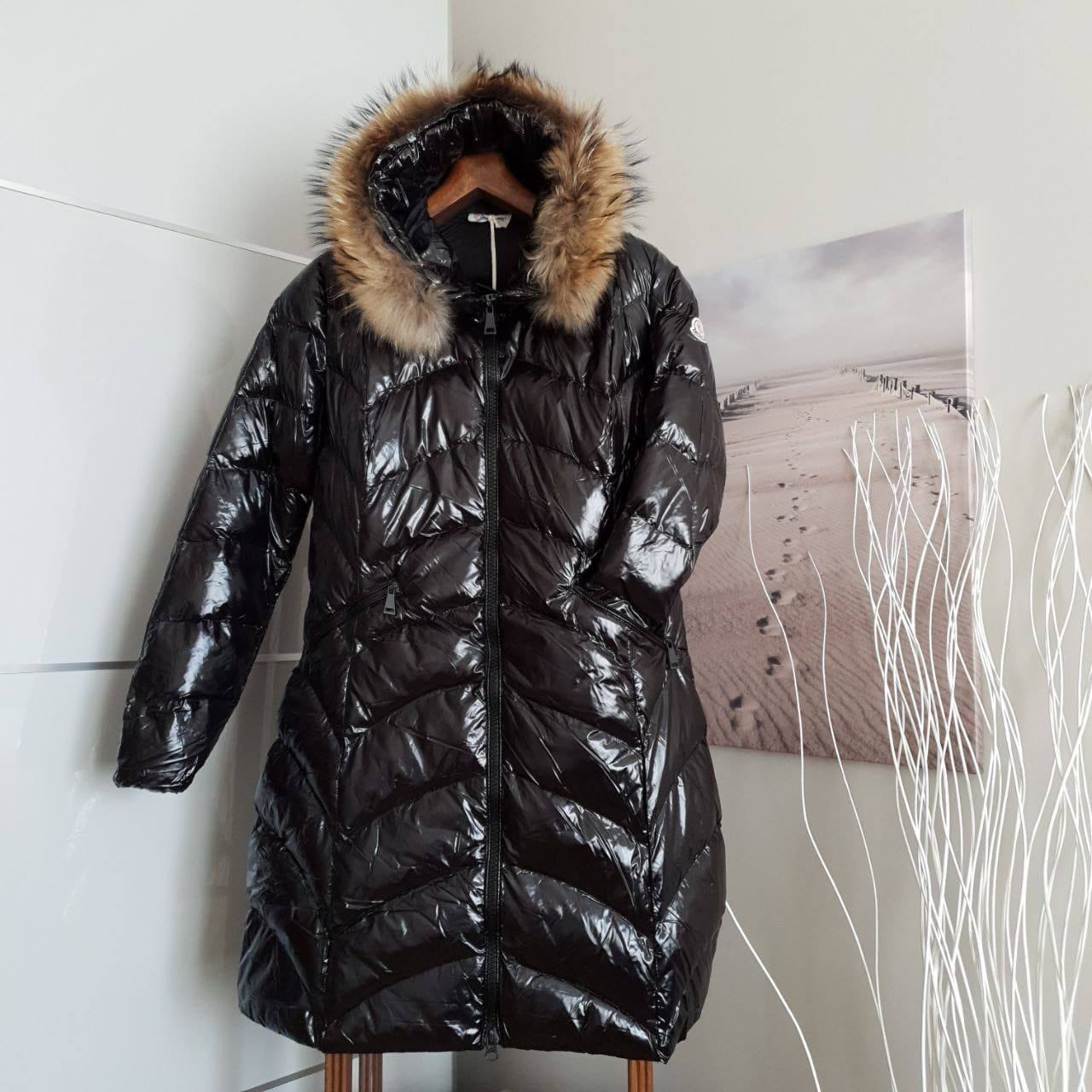Moncler Long Puffer Jacket in Shiny Black Real Fur Hood Size L