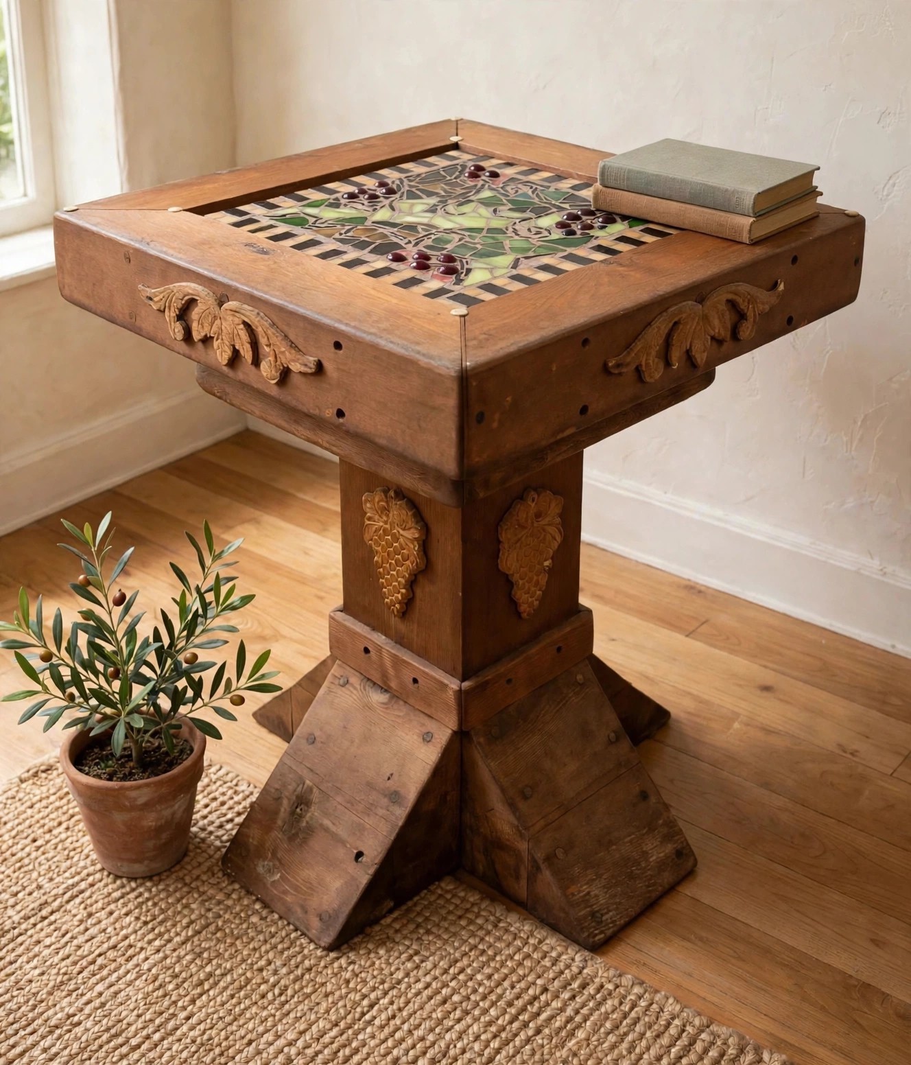 Solid Cedar Pedestal Table Grape Vine Mosaic Inlay