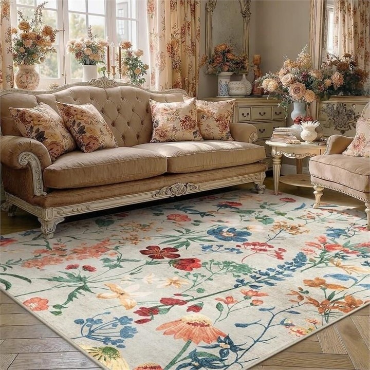 New - 5x7 Washable Area Rug / Carpet - Beige Floral