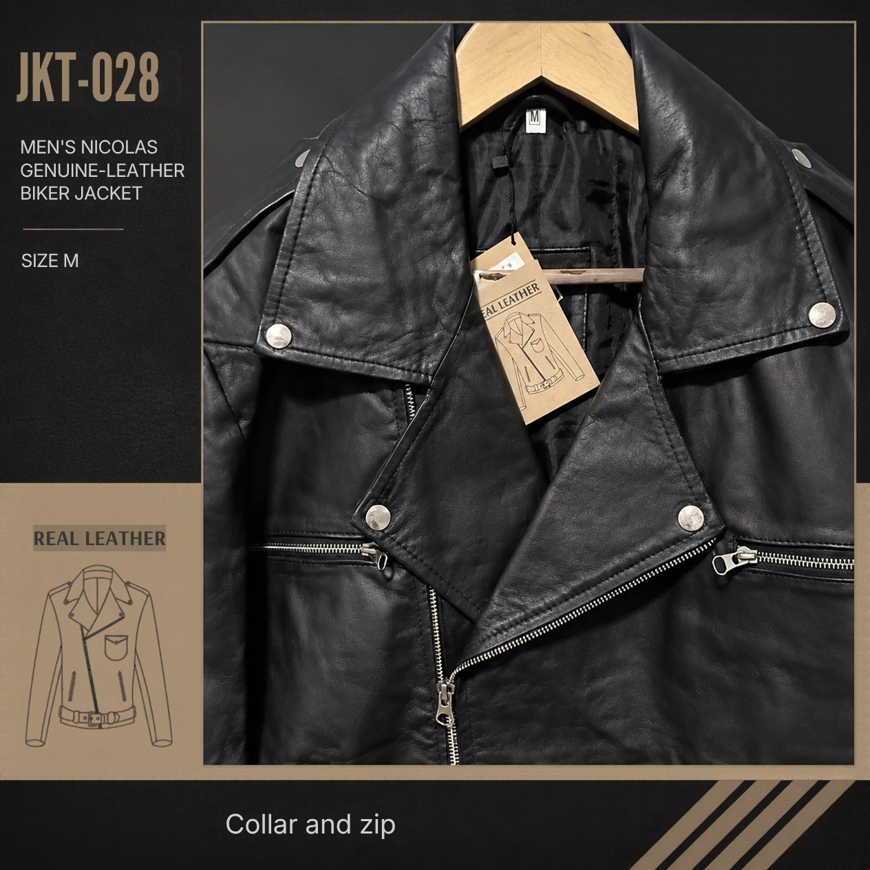 JKT-028 — Men's Nicolas leather biker jacket — brand new size M - photo 3
