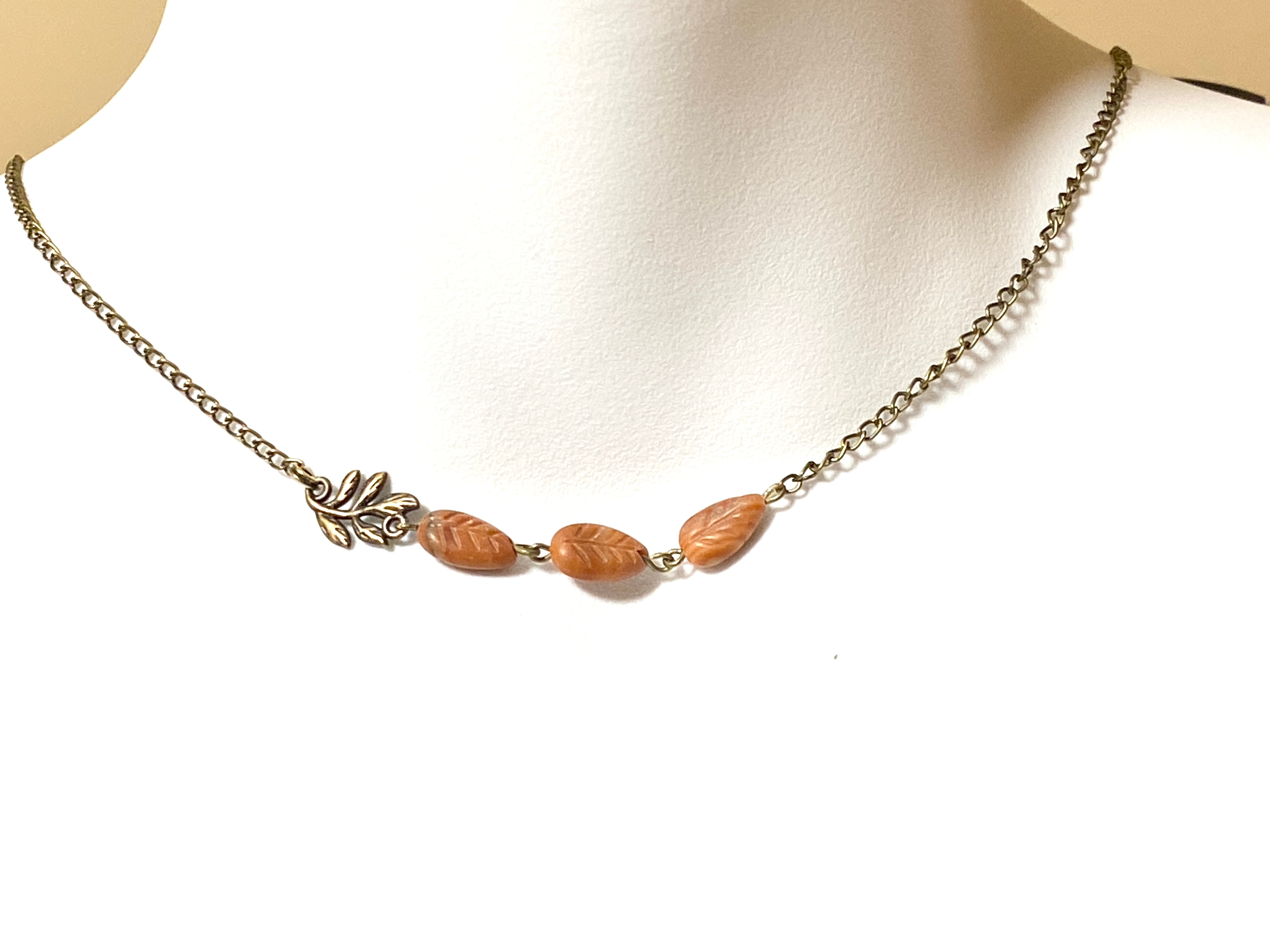 Brick Red Jasper Leaf Branch Short Necklace, Bronze Chain - photo 2