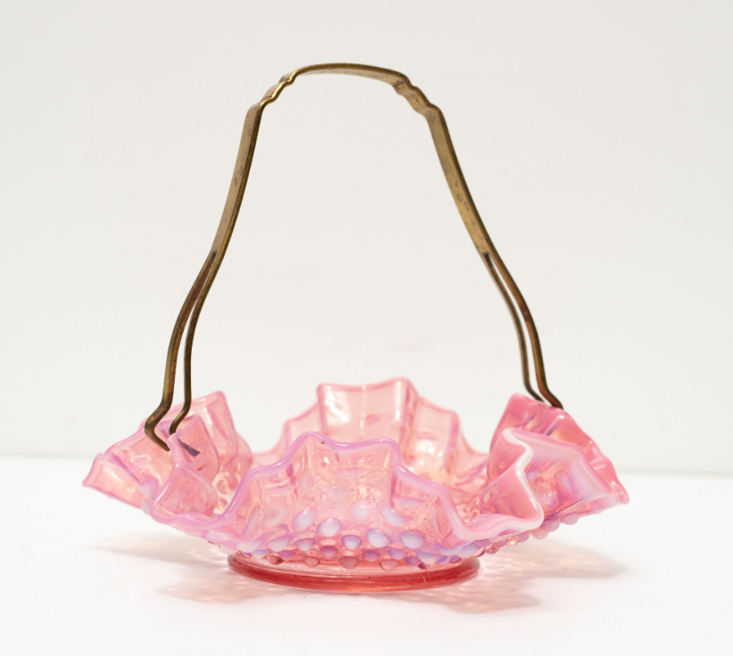 Vintage Pink Opalescent Fenton Hobnail Glass Basket Dish MC Art