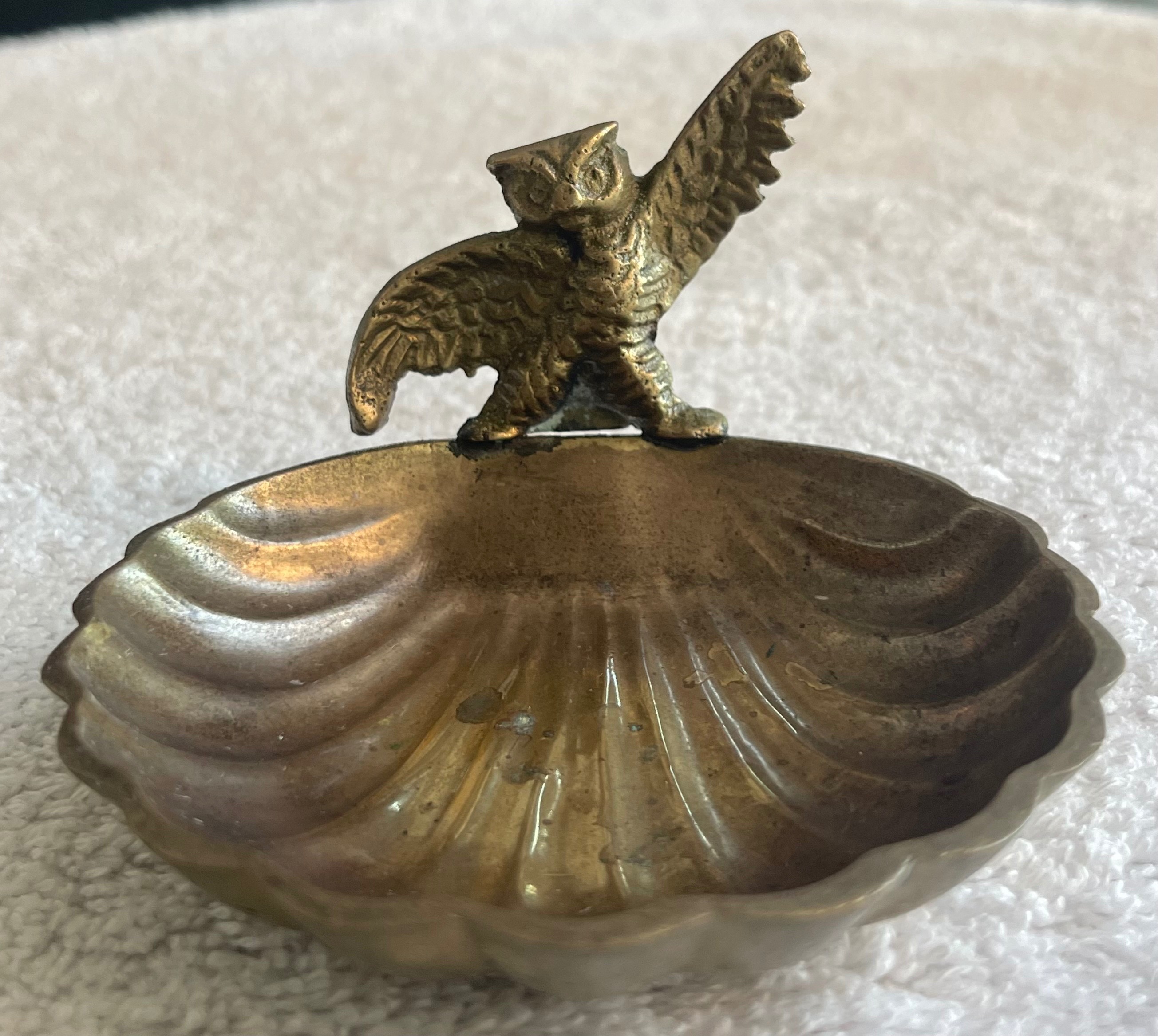 Vintage Brass Owl Scallop Shell Trinket Dish
