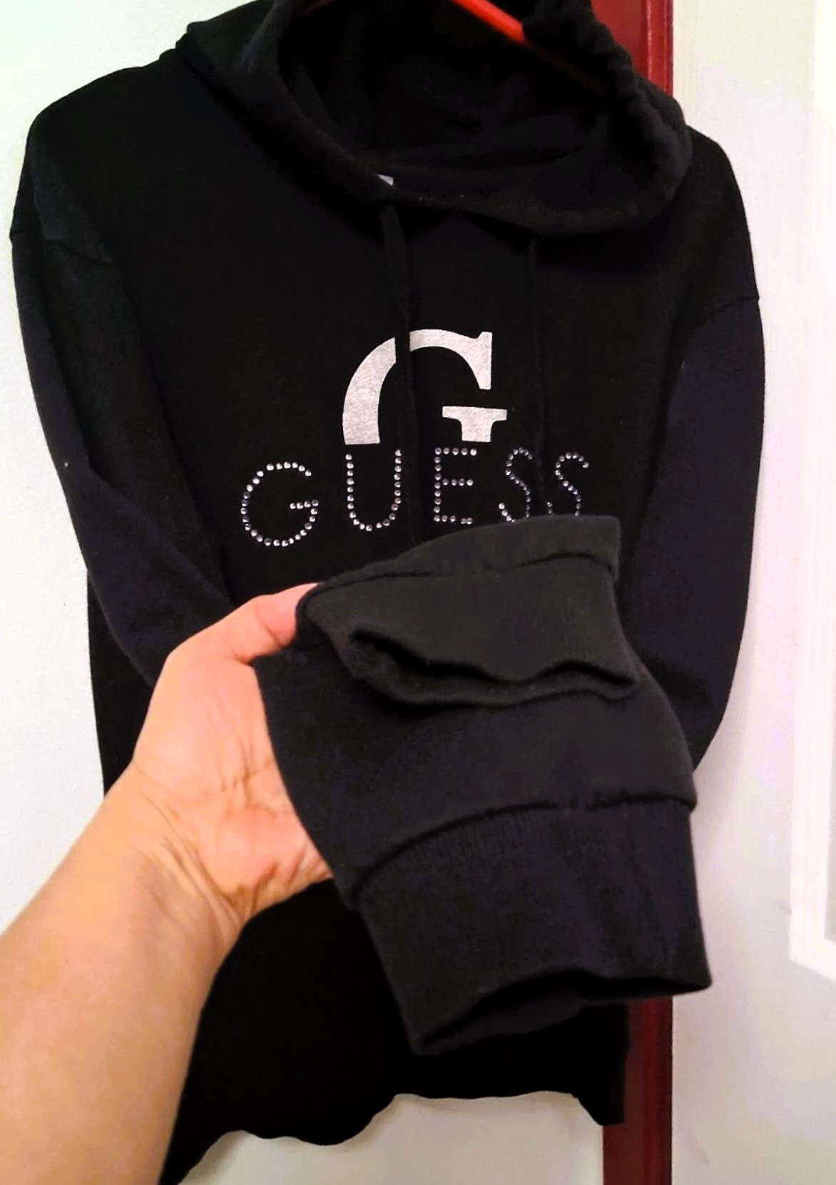 GUESS Black Hoodie Silver Foil G Rhinestone Logo Excellent Shape - photo 5