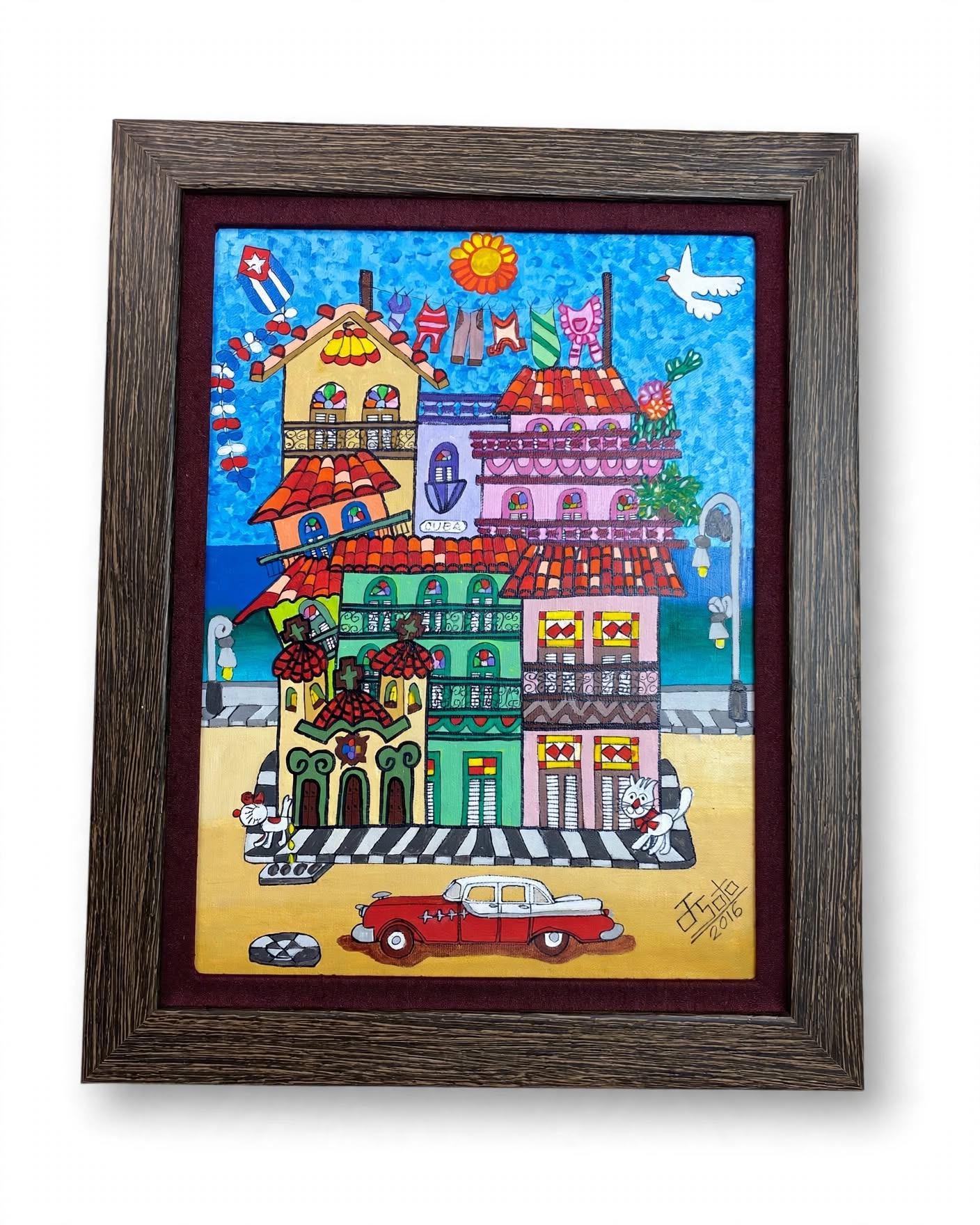 Original Cuba Painting Havana Street Scene Framed 2016 Folk Art